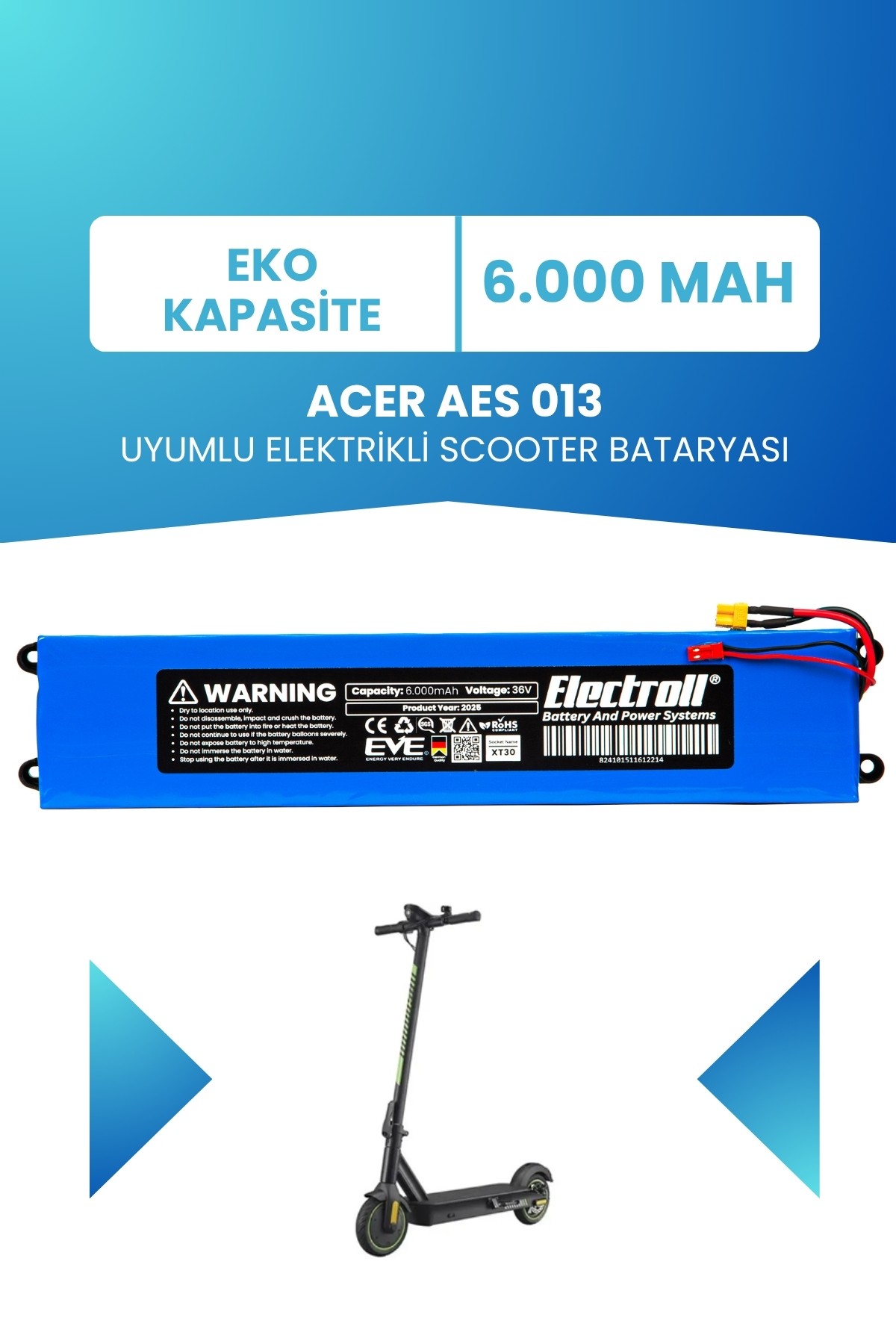 Acer Aes 013 Uyumlu Batarya (Eko Kapasite) 36v 6.000Mah Elektrikli Scooter Bataryası