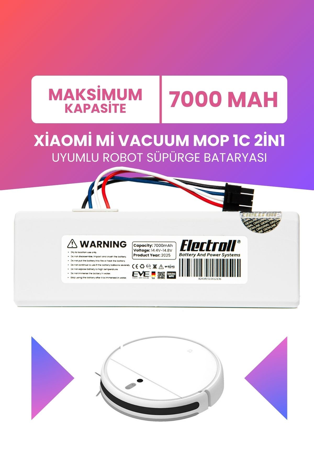 Xiaomi Mi Vacuum Mop 1c 2in1 Uyumlu Batarya (MAKSİMUM KAPASİTE) 7000mah Robot Süpürge STYTJ01ZHM