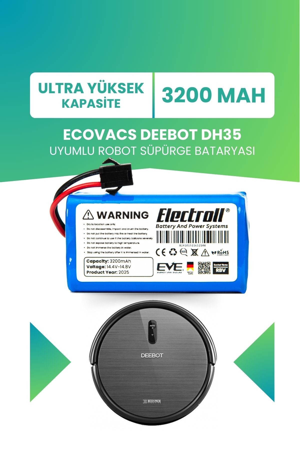 Ecovacs Deebot Dh35 Uyumlu Batarya (ULTRA YÜKSEK KAPASİTE) 3200mah Pil Robot Süpürge Bataryası
