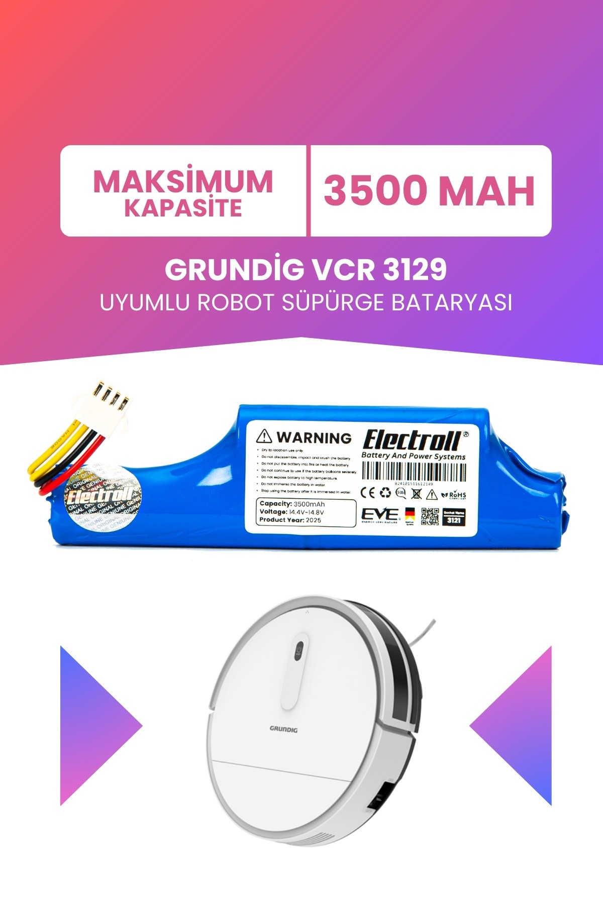Grundig Vcr 3129 Uyumlu Batarya (MAKSİMUM KAPASİTE) 3500mah Pil Robot Süpürge Bataryası