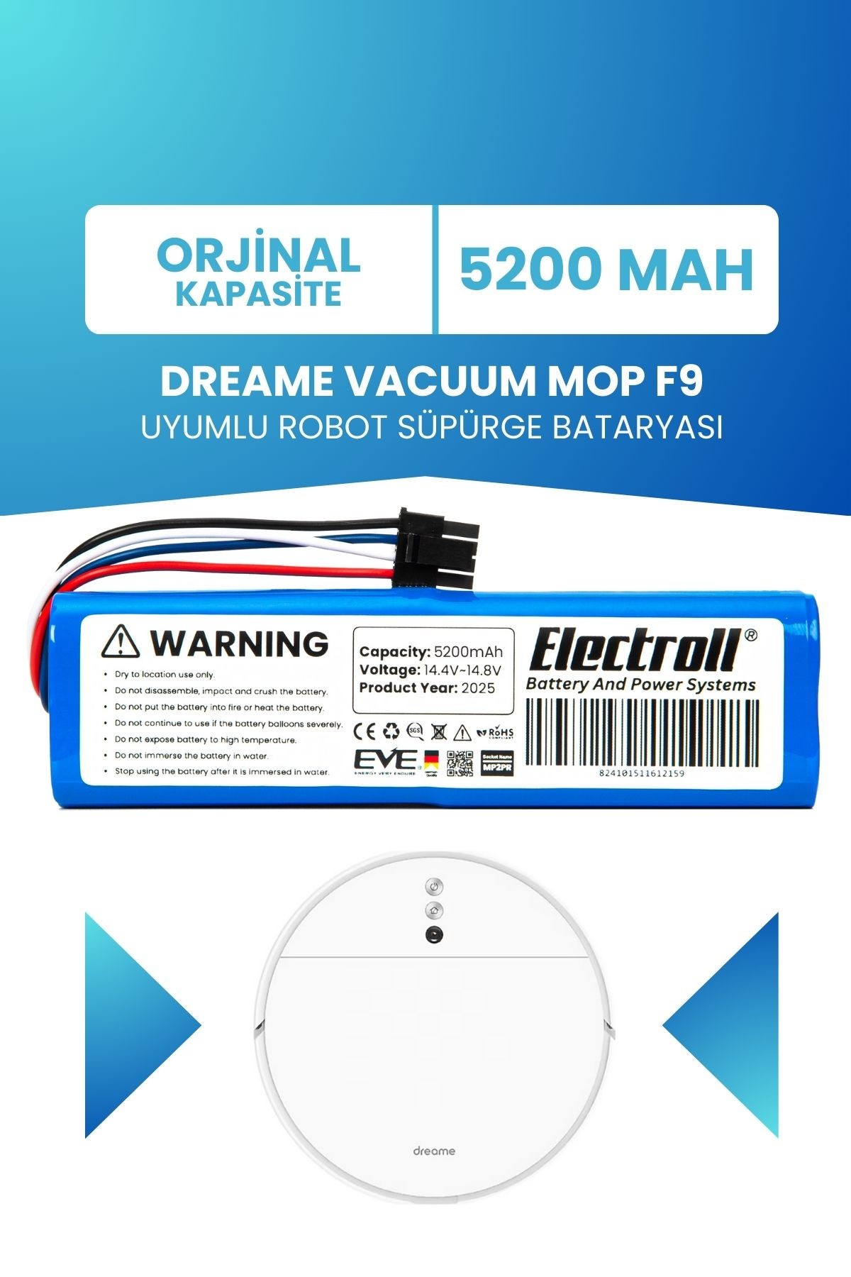 Dreame Vacuum Mop F9 Uyumlu Batarya (ORJİNAL KAPASİTE) 5200mah Pil Robot Süpürge Bataryası Değişimi