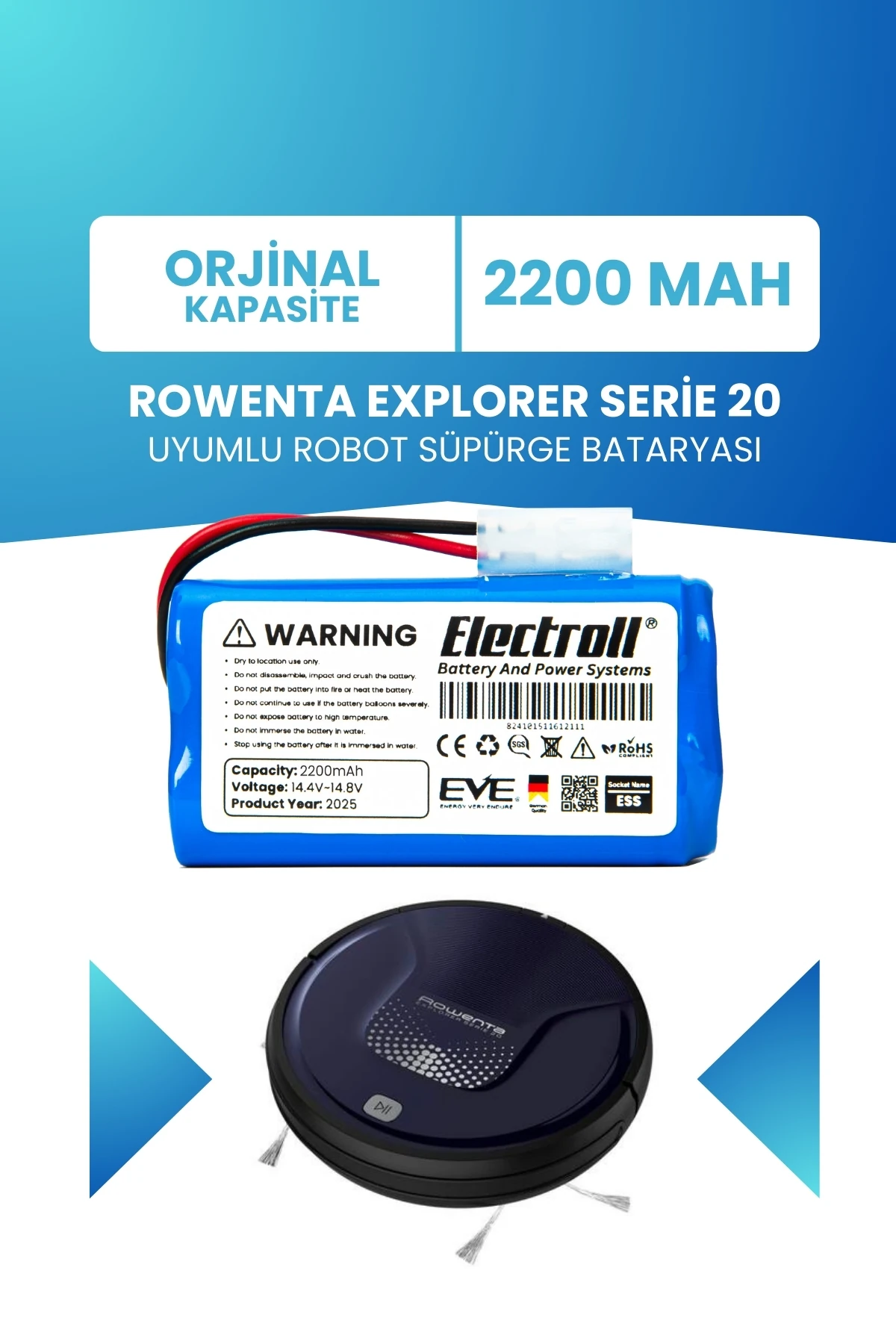 Rowenta Explorer Serie 20 Uyumlu Batarya (ORJİNAL KAPASİTE) 2200mah Pil Robot Süpürge Bataryası