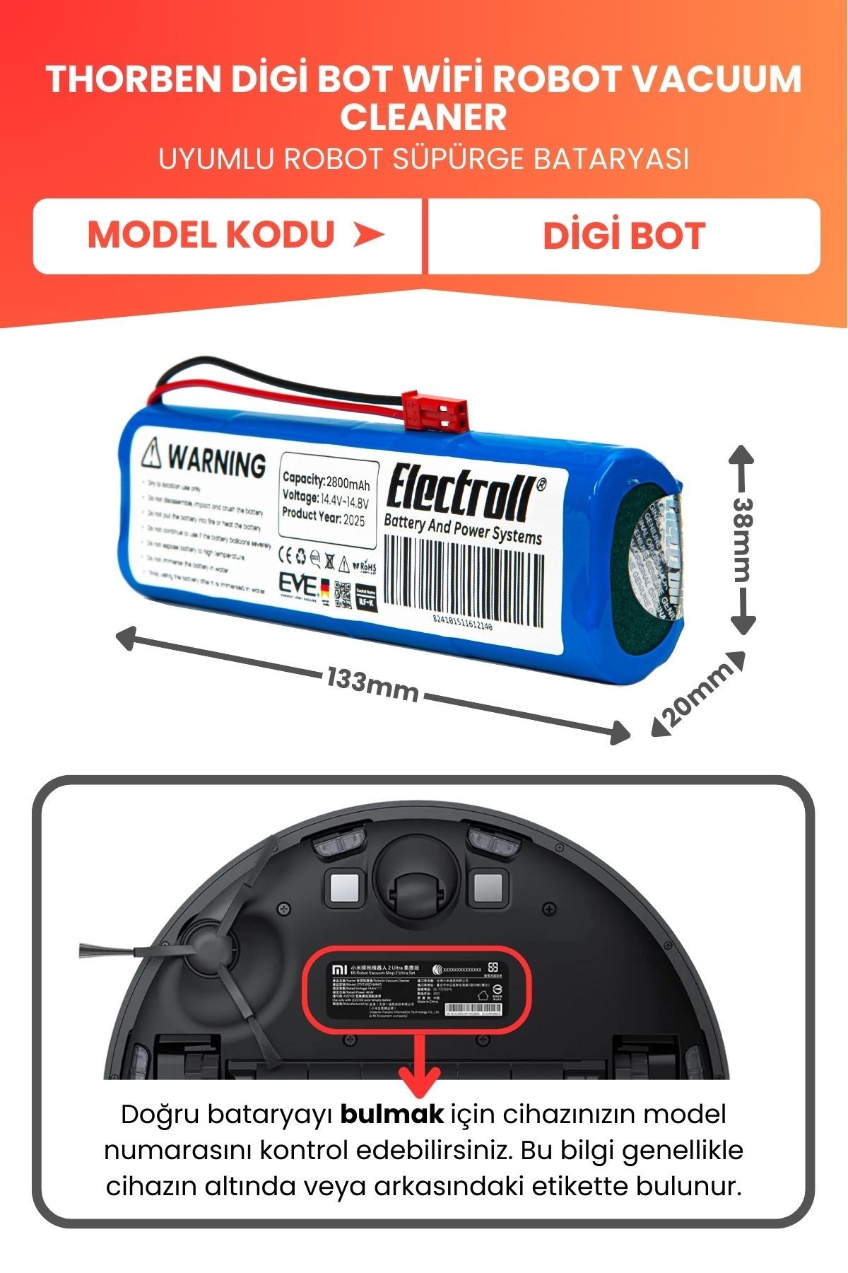 Thorben Digi Bot Wifi Robot Vacuum Cleaner Uyumlu Batarya (YÜKSEK KAPASİTE) 2800mah Batarya