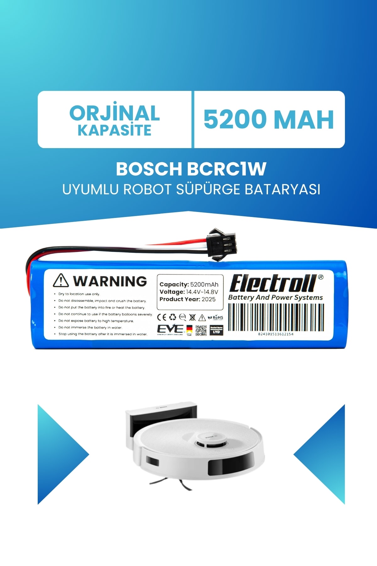 Bosch BCRC1W Uyumlu Batarya (STANDART KAPASİTE) 5200mah Pil Şarjlı Robot Süpürge Bataryası Tamir, Revizyon ve Pil Yenileme