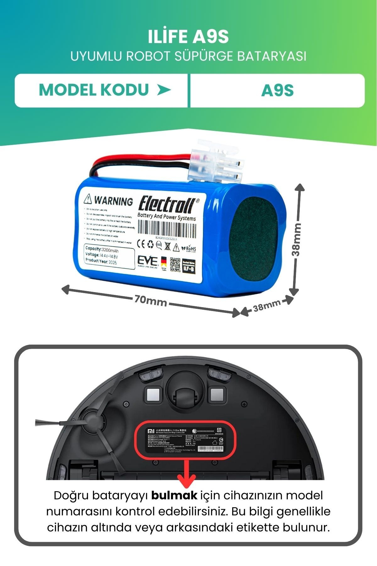Ilife A9S Uyumlu Batarya (ULTRA YÜKSEK KAPASİTE) 3200mah Pil Robot Süpürge Batarya