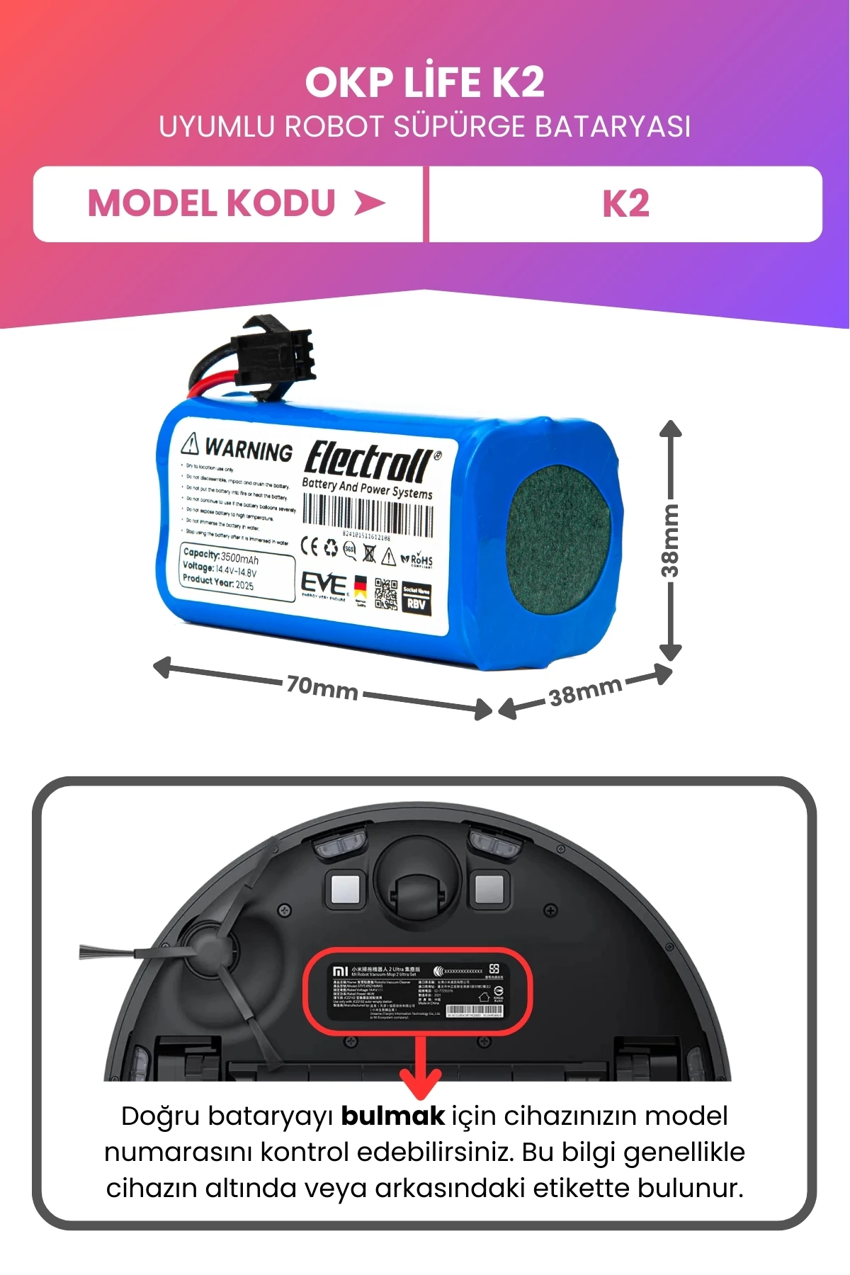 Okp Life K2 Uyumlu Batarya (MAKSİMUM KAPASİTE) 3500mah Pil Robot Süpürge Bataryası