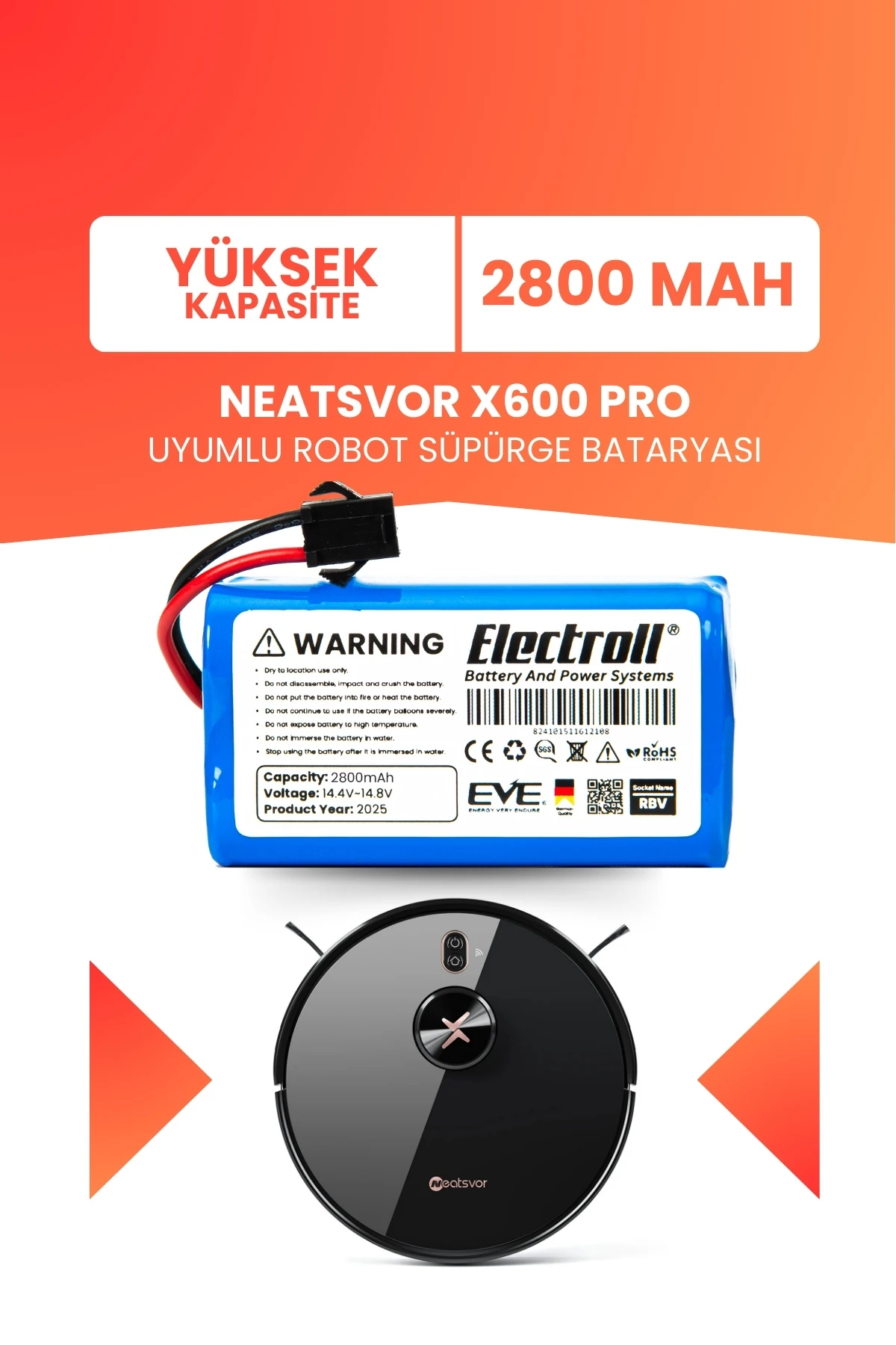 Neatsvor X600 Pro Uyumlu Batarya (YÜKSEK KAPASİTE) 2800mah Pil Robot Süpürge Bataryası