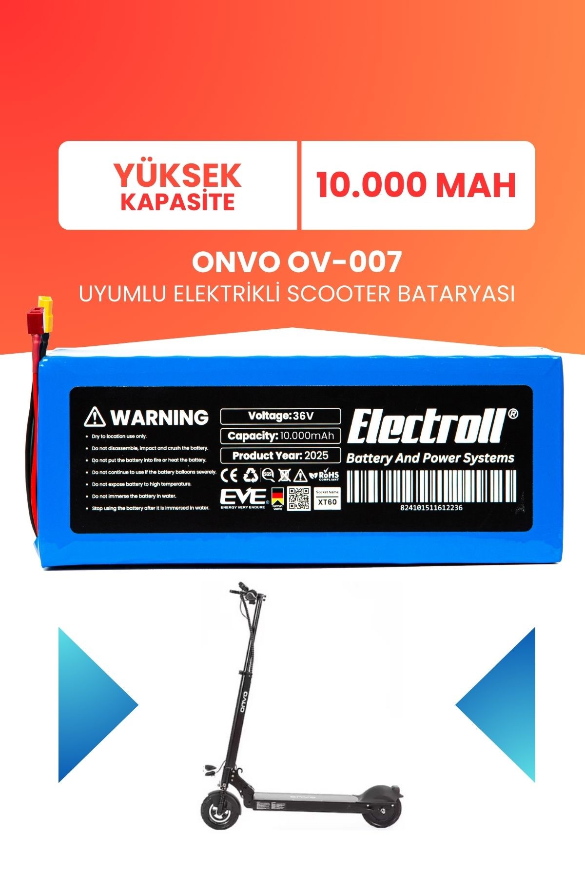 Onvo Ov-007 Uyumlu Batarya (Yüksek Kapasite) 36v 10.000mah Pil Elektrikli Scooter Bataryası Değişimi