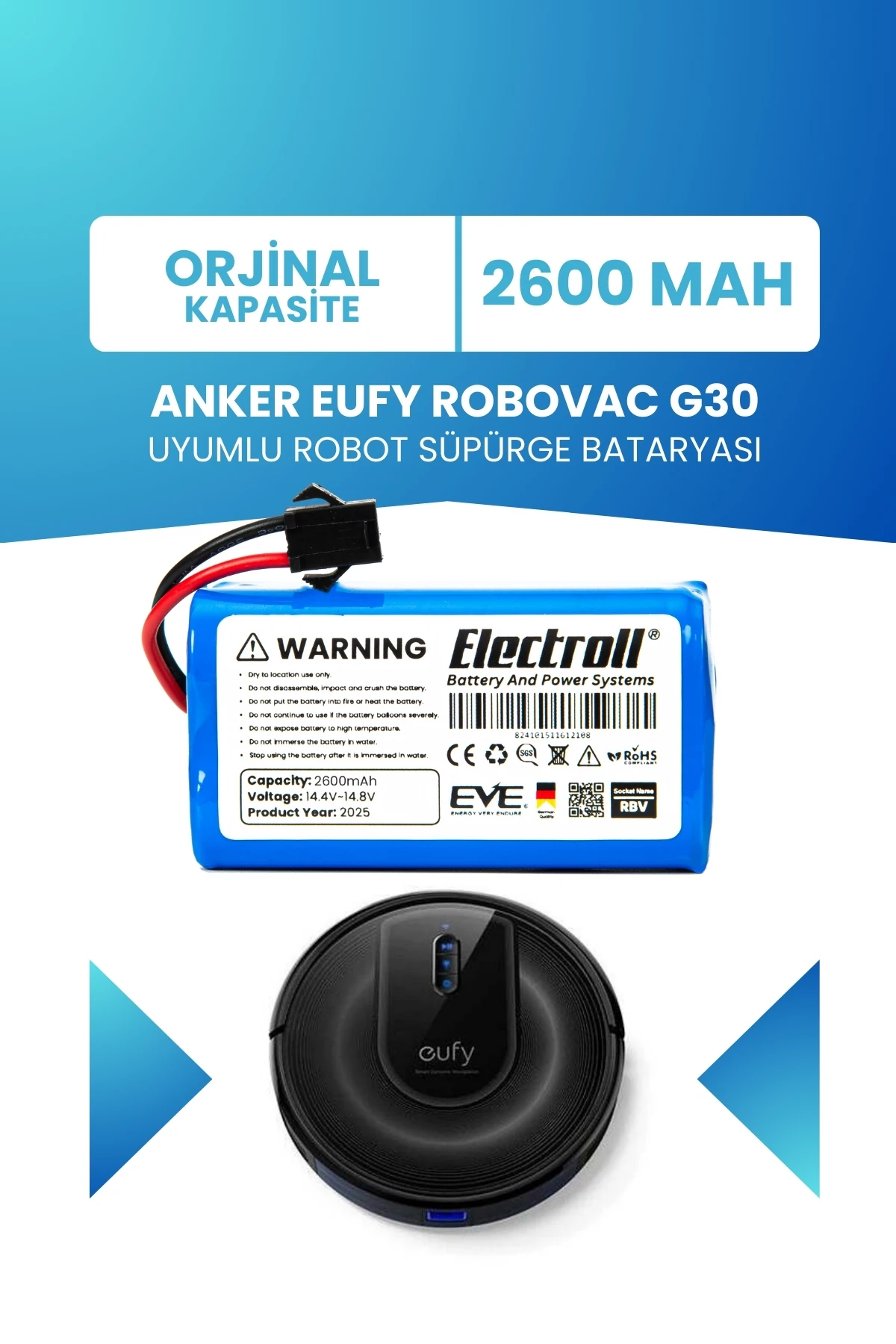 Eufy Robovac G30 Uyumlu Batarya (ORJİNAL KAPASİTE) 2600mah Robot Süpürge Batarya Değişimi