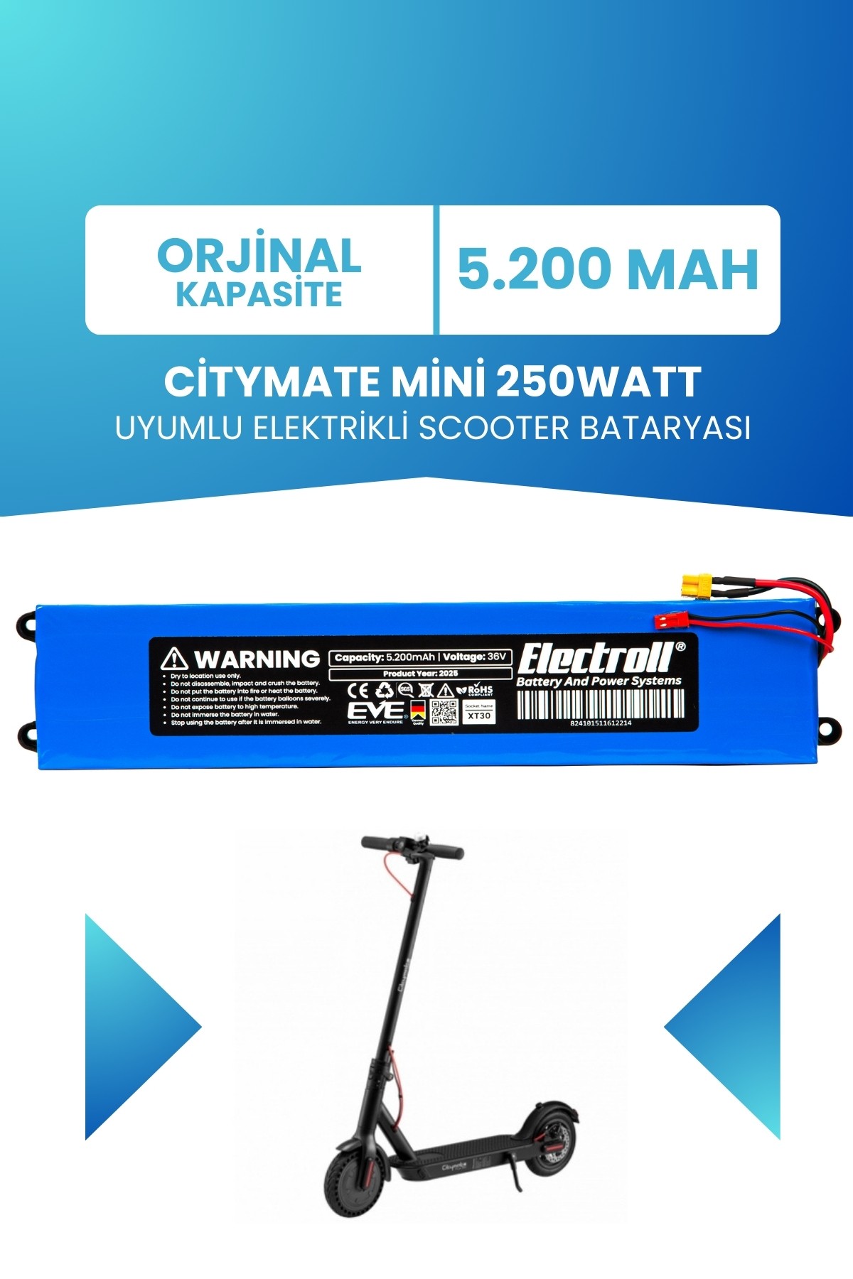 Citymate Mini 250watt Batarya 24v (YÜKSEK KAPASİTE) 5200mah Pil Elektrikli Scooter Bataryası Değişim