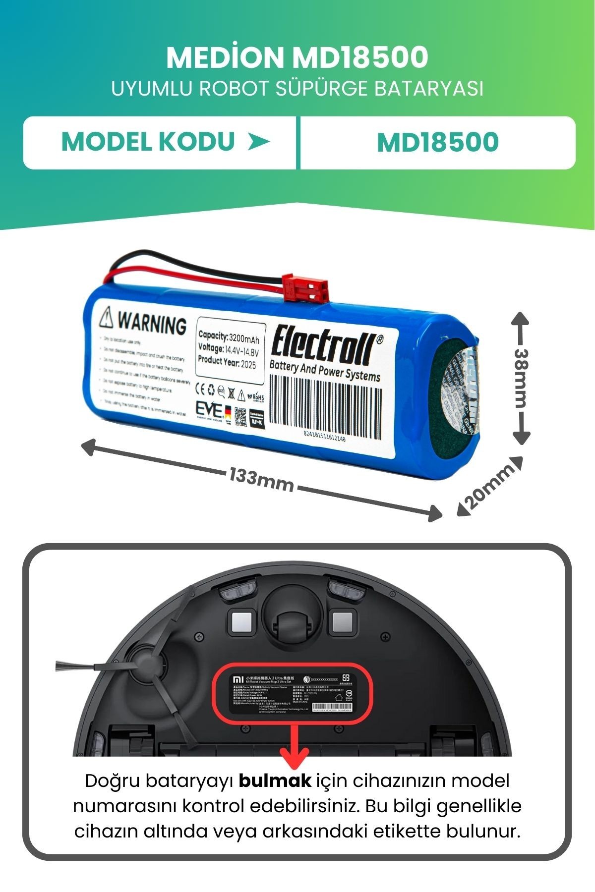 Medion Md18500 Uyumlu Batarya (ULTRA YÜKSEK KAPASİTE) 3200mah Pil Robot Süpürge Bataryası Değişimi