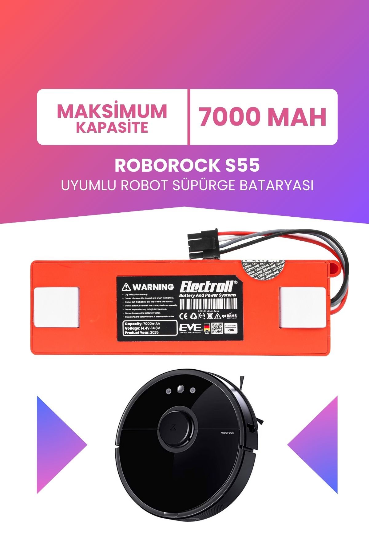 Roborock S55 Uyumlu Batarya (MAKSİMUM KAPASİTE) 7000mah Pil Kutulu Robot Süpürge Bataryası