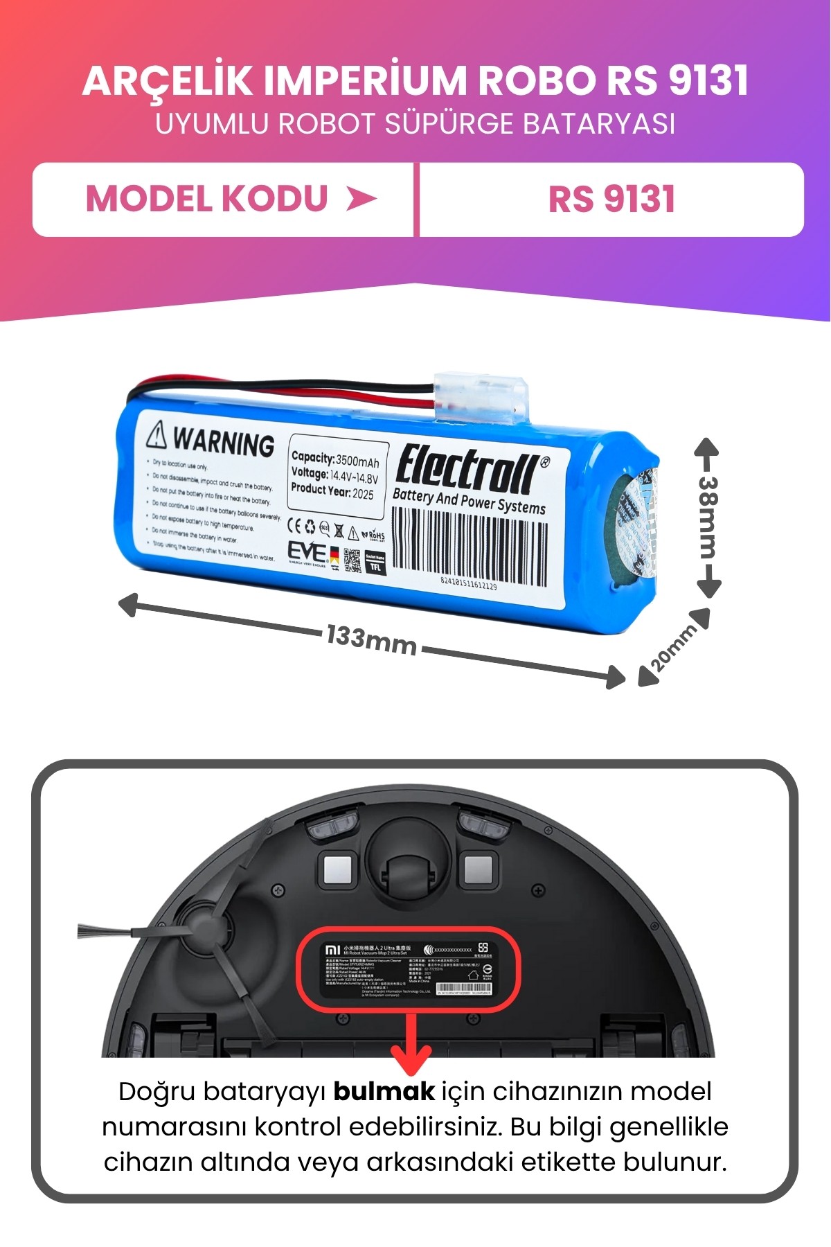 Arçelik Imperium Robo Rs 9131 Uyumlu Batarya (MAKSİMUM KAPASİTE) 3500mah Pil Robot Süpürge Bataryası