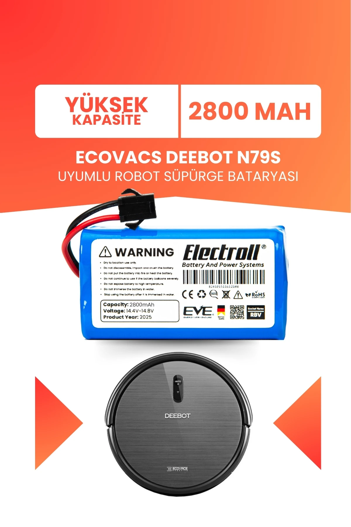 Ecovacs Deebot N79s Uyumlu Batarya (YÜKSEK KAPASİTE) 2800mah Pil Robot Süpürge Bataryası