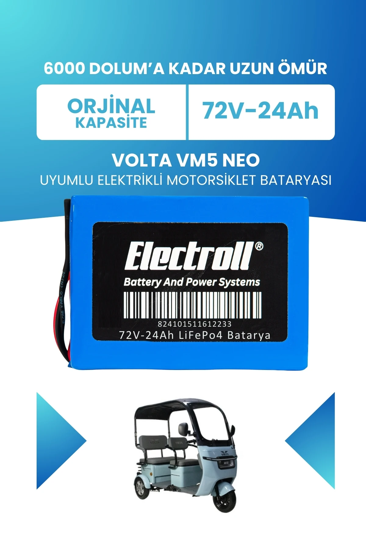 Volta Vm5 Neo LiFePO4 Batarya 72V 24Ah Uzun Ömürlü | Electroll