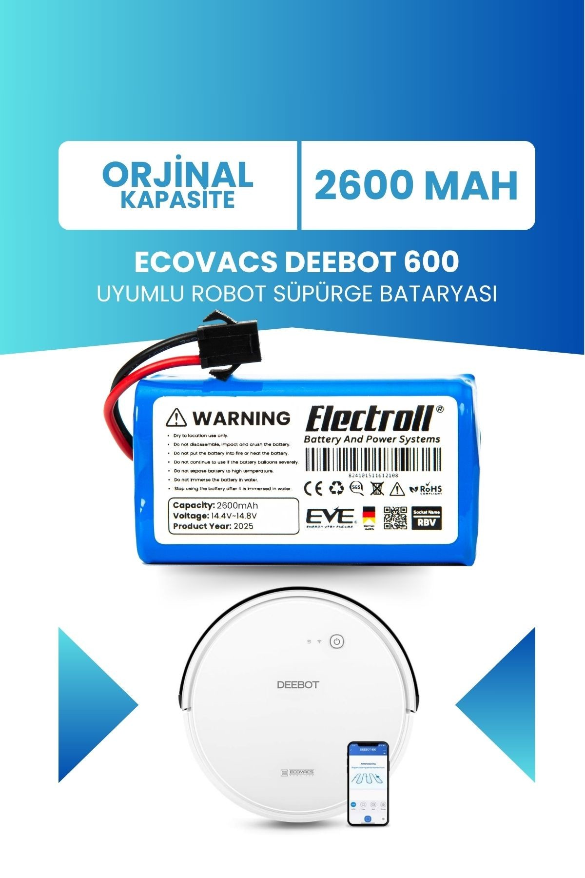 Ecovacs Deebot 600 Uyumlu Batarya (ORJİNAL KAPASİTE) 2600mah Pil Robot Süpürge Bataryası