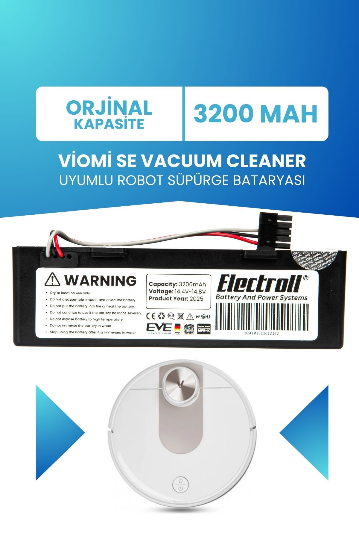 Viomi Se Vacuum Cleaner Uyumlu Batarya (ORJİNAL KAPASİTE) 3200mah Pil Kutulu Robot Süpürge Bataryası