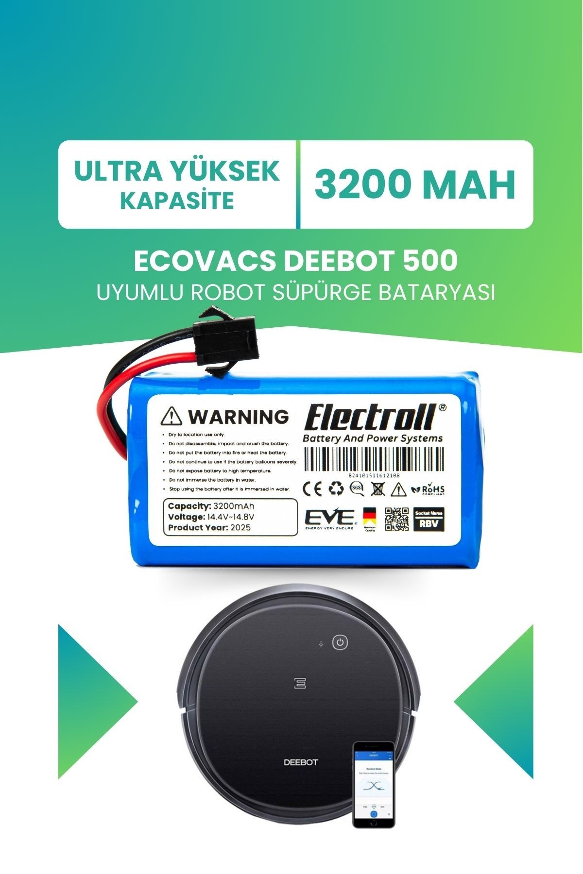 Ecovacs Deebot 500 Uyumlu Batarya (ULTRA YÜKSEK KAPASİTE) 3200mah Pil Robot Süpürge Bataryası