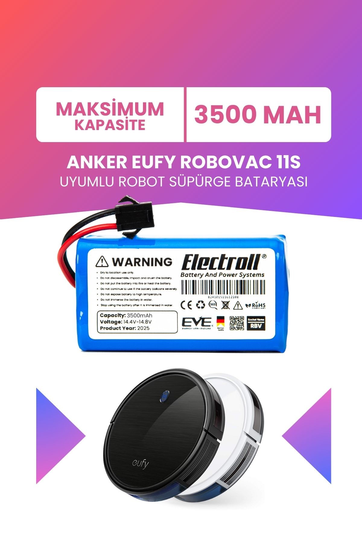 Anker Eufy Robovac 11s Batarya (MAKSİMUM KAPASİTE) Naccon 14.4v 3500mah Akıllı Robot Süpürge Pili