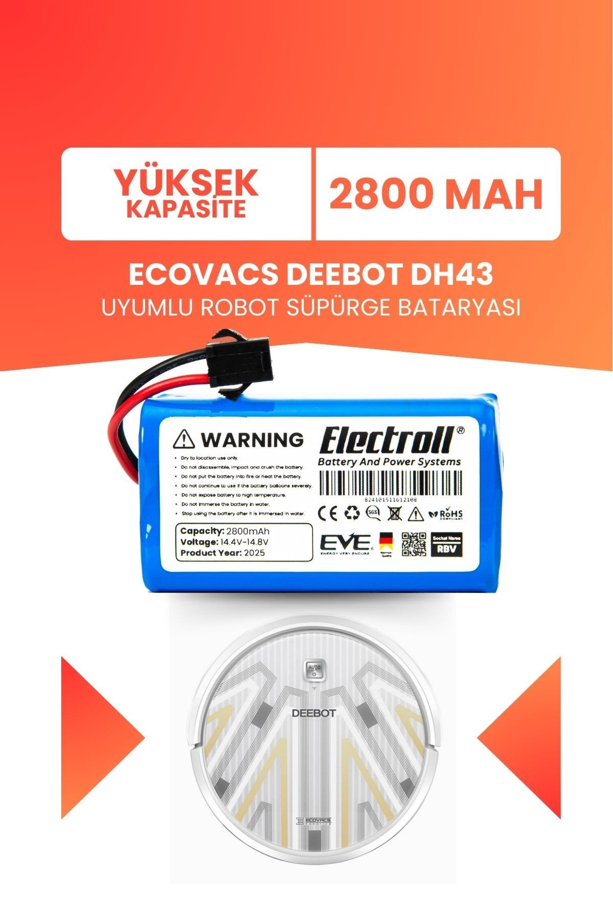 Ecovacs Deebot Dh43 Uyumlu Batarya (YÜKSEK KAPASİTE) 2800mah Pil Robot Süpürge Bataryası