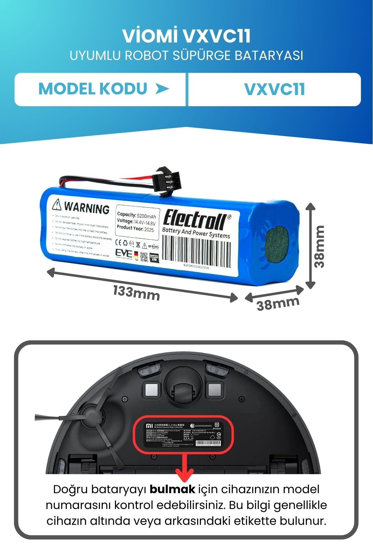 Viomi Vxvc11 Uyumlu Batarya (ORJİNAL KAPASİTE) 5200mah Pil Robot Süpürge Bataryası Değişimi