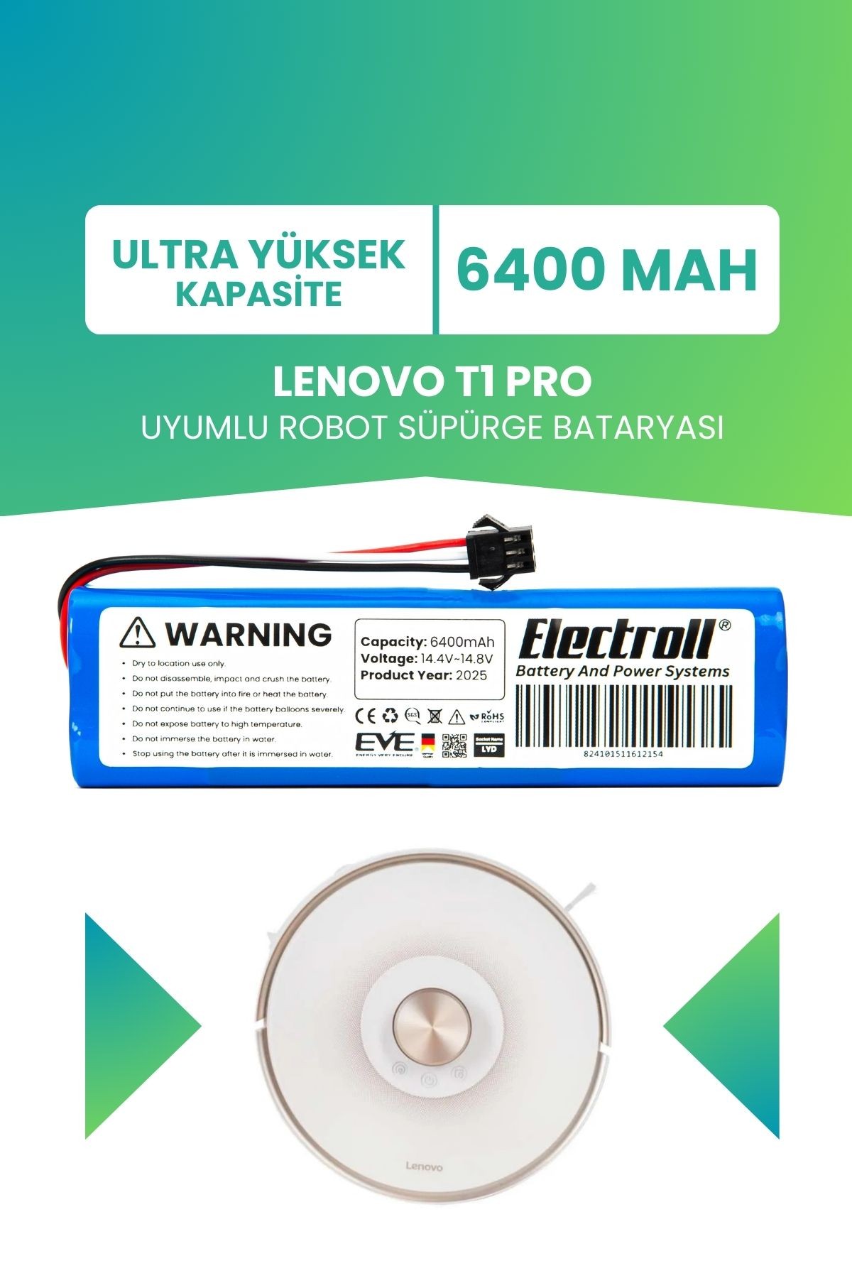 Lenovo T1 Pro Batarya (ULTRA YÜKSEK KAPASİTE) 6400mah Pil Akıllı Robot Süpürge Batarya Değişimi
