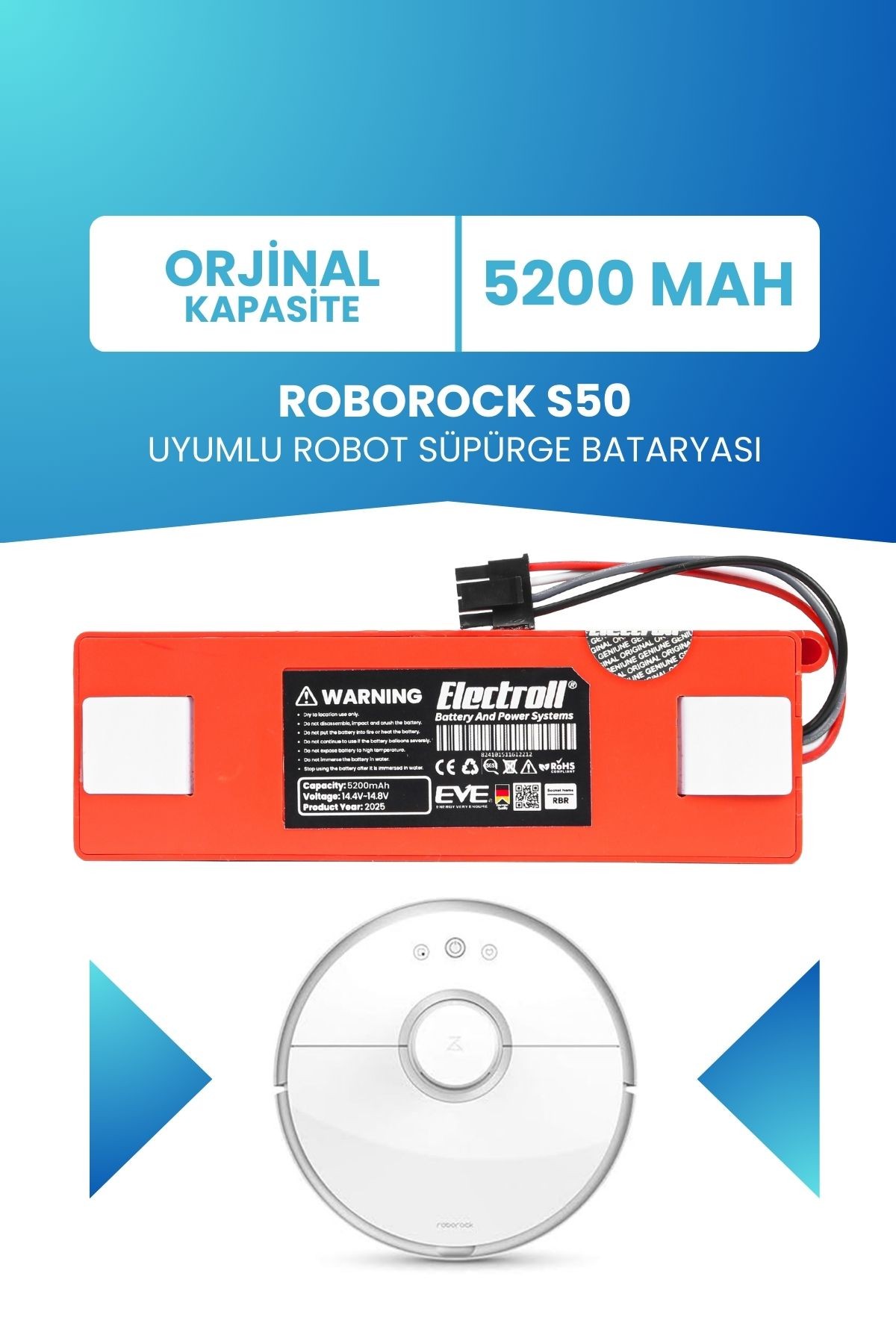 Roborock S50 Uyumlu Batarya (ORJİNAL KAPASİTE) 5200mah Pil Kutulu Robot Süpürge Bataryası Değişimi