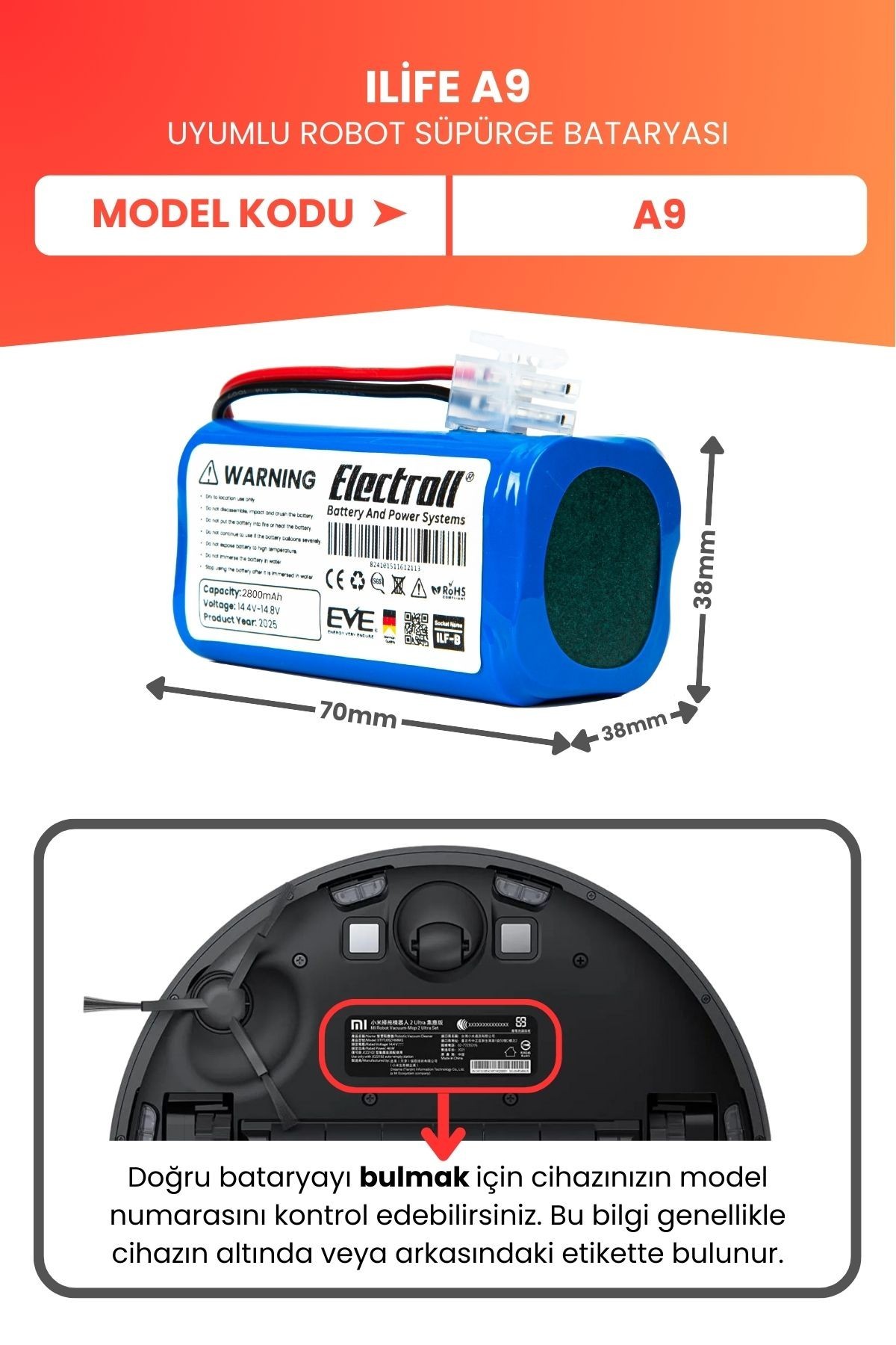 Ilife A9 Uyumlu Batarya (YÜKSEK KAPASİTE) 2800mah Robot Süpürge Bataryası Değişimi