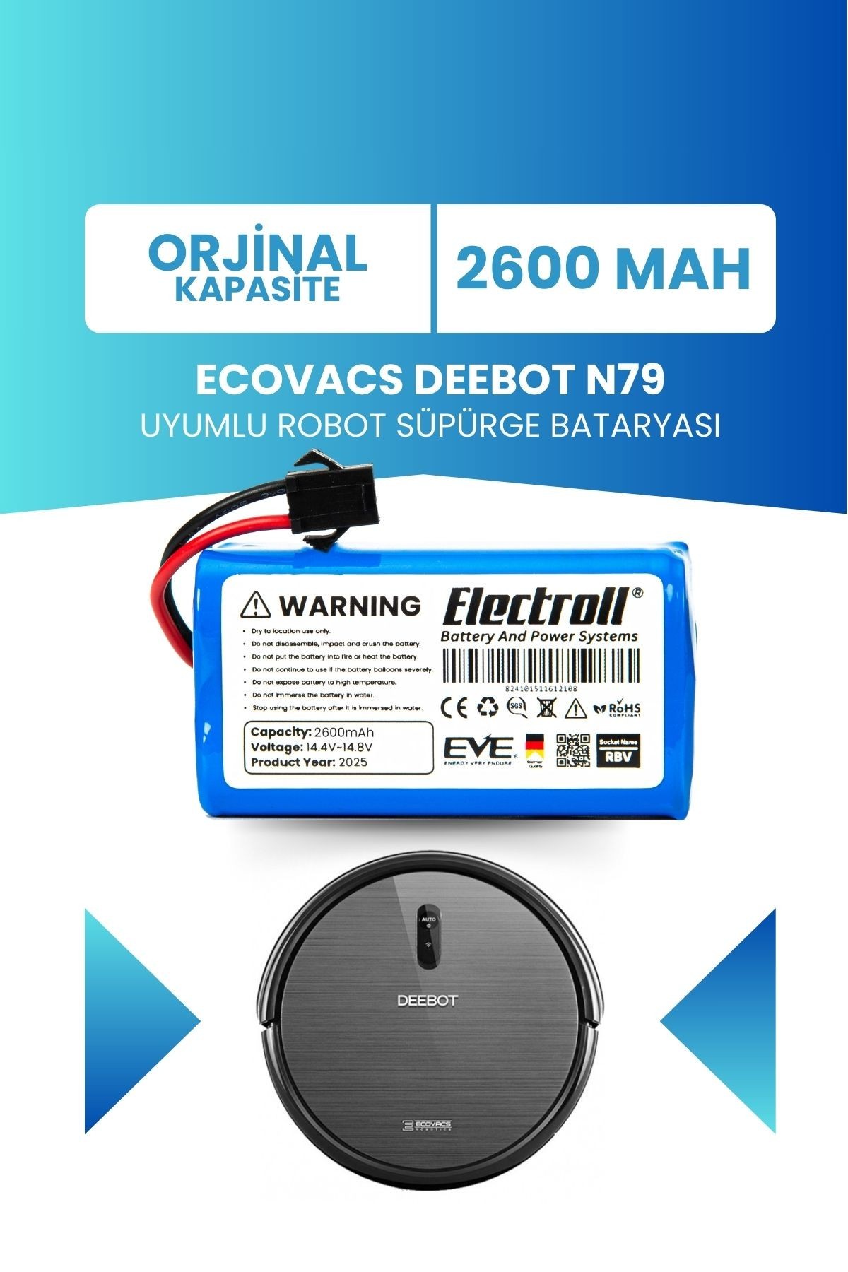 Ecovacs Deebot N79 Uyumlu Batarya (ORJİNAL KAPASİTE) 2600mah Pil Robot Süpürge Bataryası