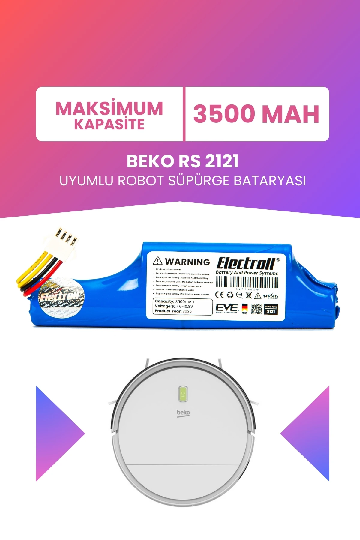 BEKO RS 2121 Uyumlu Batarya (MAKSİMUM KAPASİTE) 3500mah Pil Robot Süpürge Bataryası Değişimi
