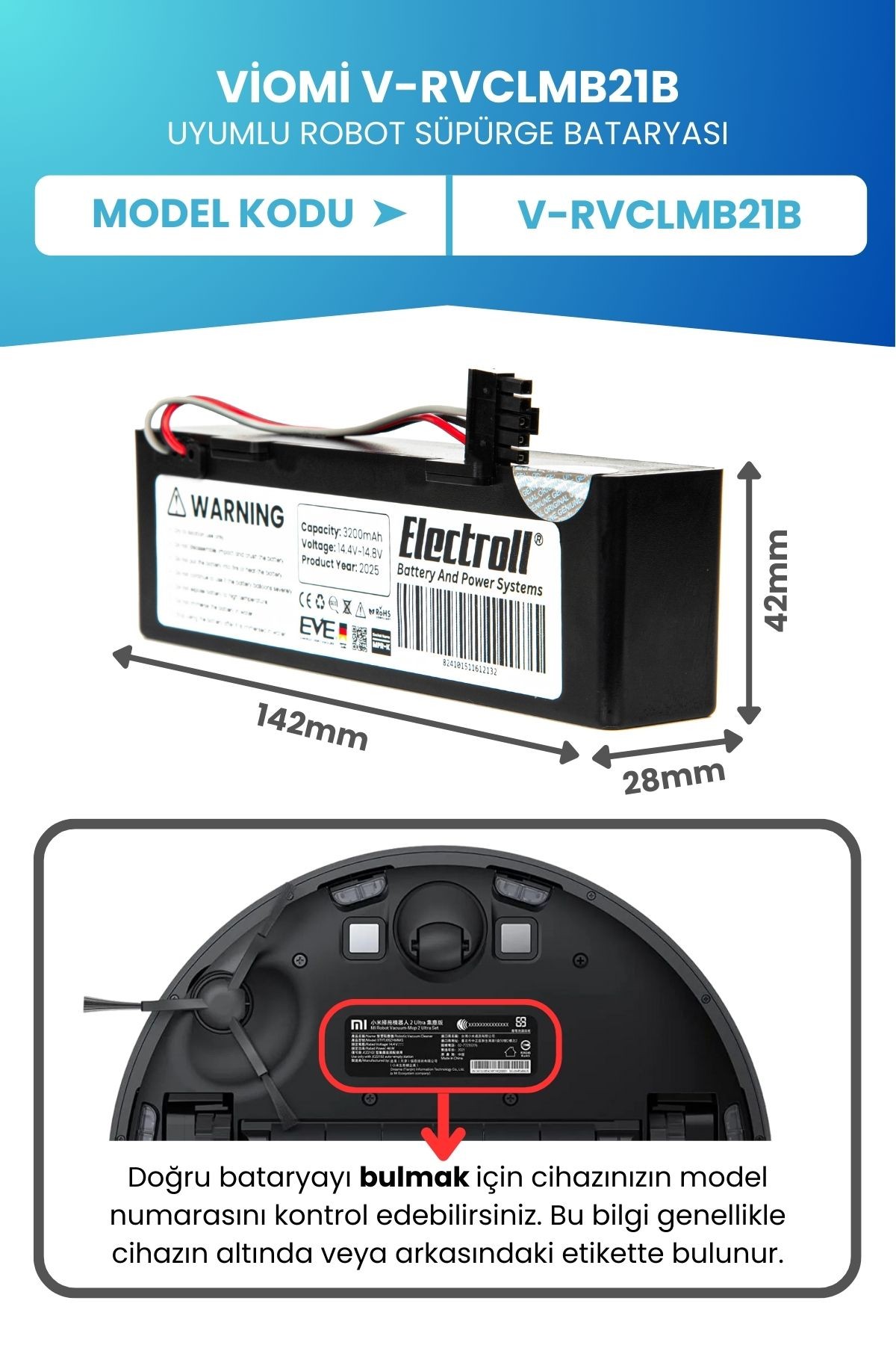 Viomi V-rvclmb21b Uyumlu Batarya (ORJİNAL KAPASİTE) 3200mah Kutulu Robot Süpürge Pil Değişimi