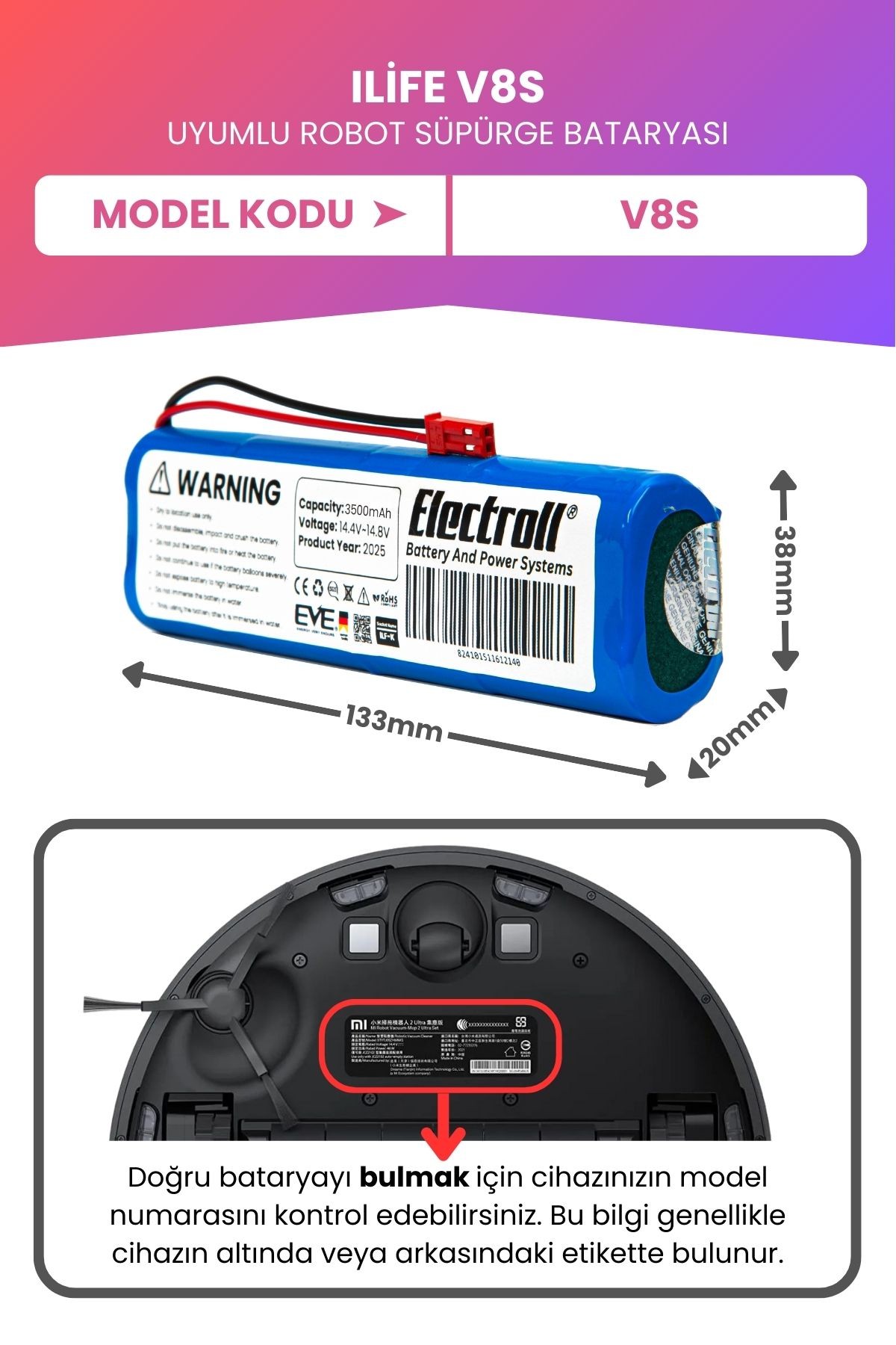 Ilife V8s Uyumlu Batarya (MAKSİMUM KAPASİTE) 3500mah Pil Robot Süpürge Bataryası Değişimi