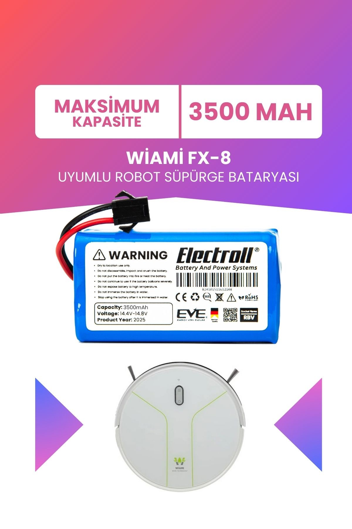 WİAMİ FX-8 Uyumlu Batarya (MAKSİMUM KAPASİTE) 3500mah Pil Robot Süpürge Batarya Değişimi