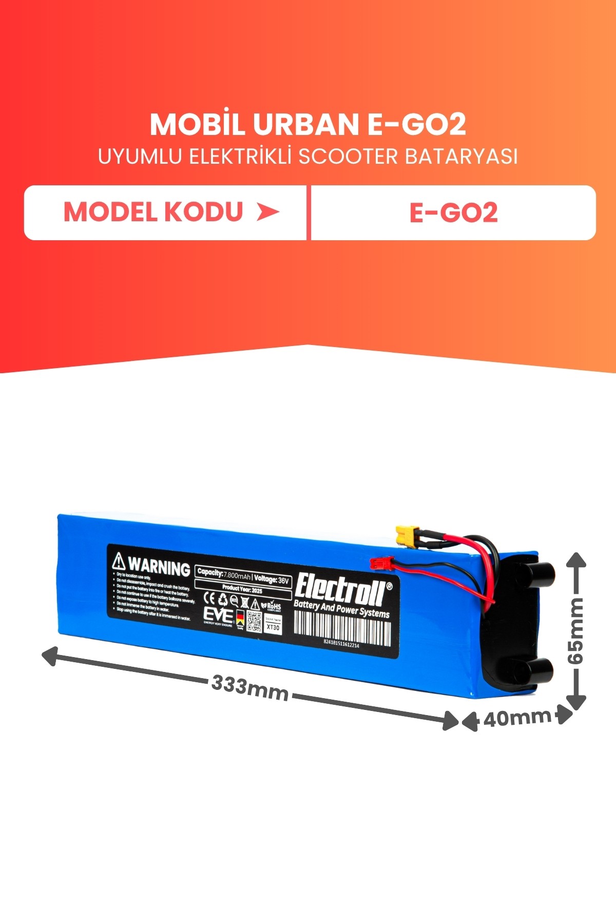 Mobil Urban E-GO2 Batarya (YÜKSEK KAPASİTE) 36v 7.800mah Pil Elektrikli Scooter Bataryası