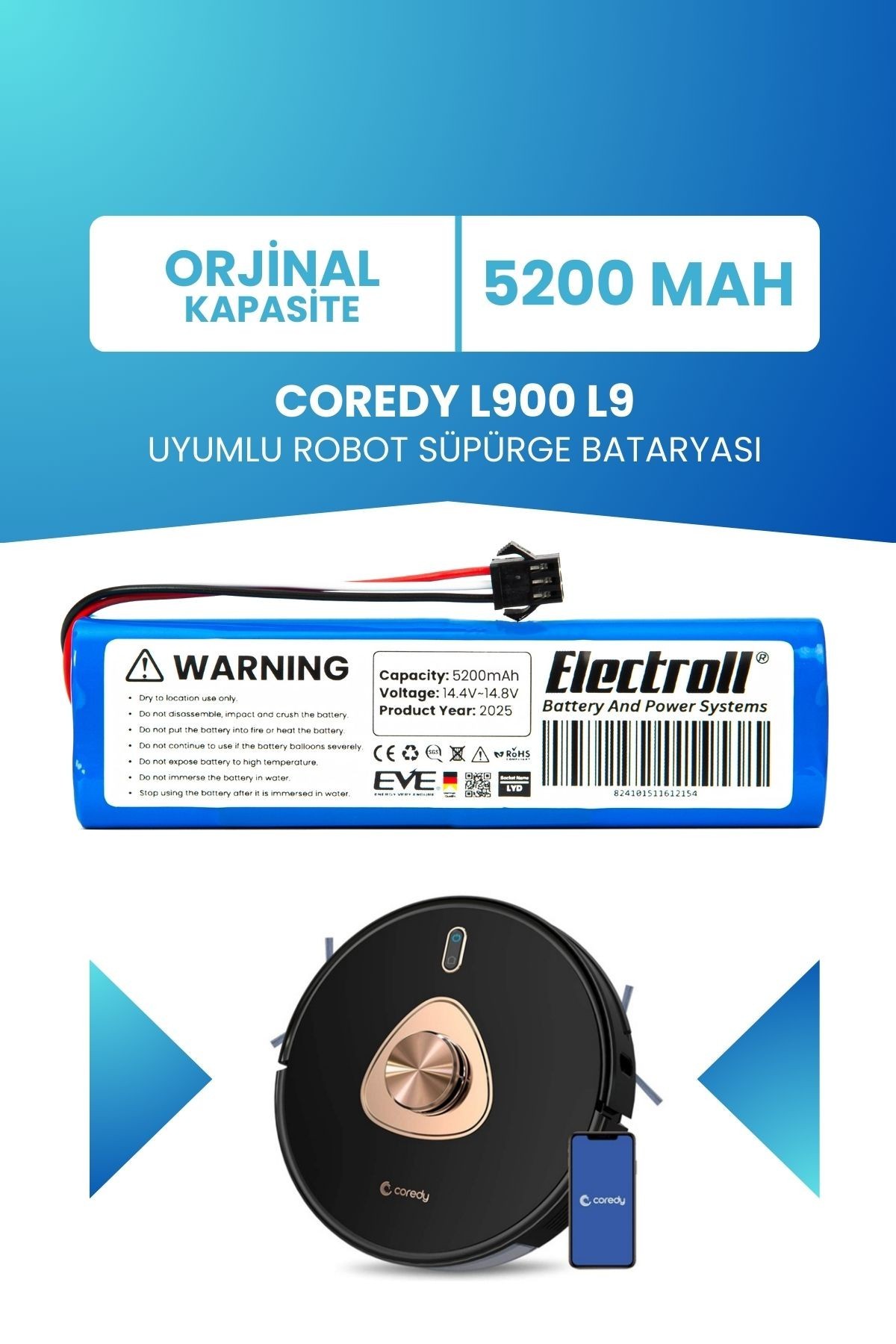 Coredy L900 L9 Uyumlu Batarya (ORJİNAL KAPASİTE) 5200mah Pil Akıllı Robot Süpürge Bataryası Değişimi