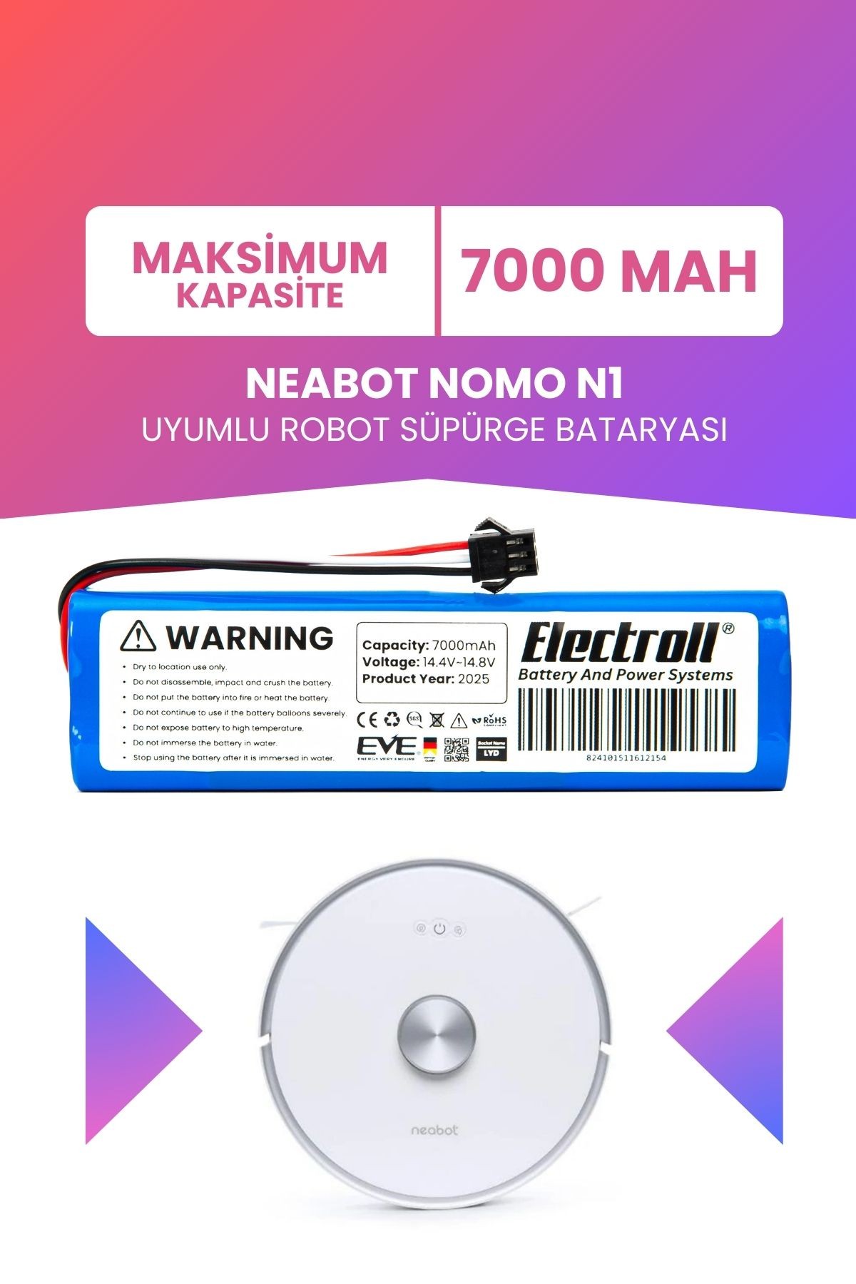 Neabot Nomo N1 Uyumlu Batarya (MAKSİMUM KAPASİTE) 7000mah Pil Robot Süpürge Bataryası Değişimi