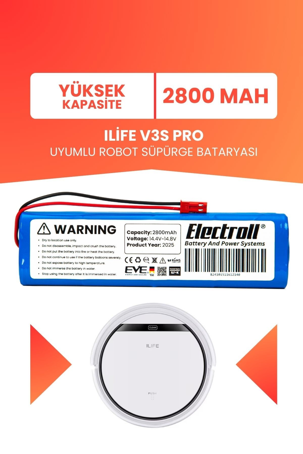 Ilife V3s Pro Uyumlu Batarya (YÜKSEK KAPASİTE) 2800mah Pil Robot Süpürge Bataryası Değişimi