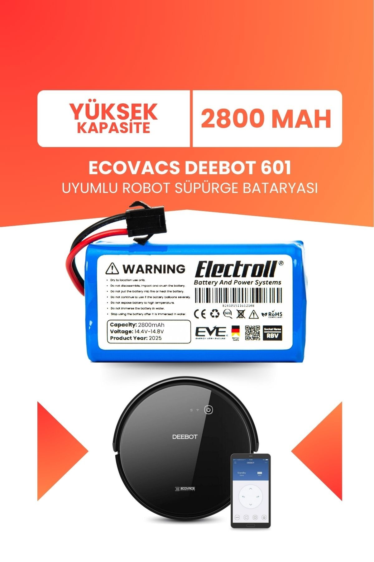 Ecovacs Deebot 601 Uyumlu Batarya (YÜKSEK KAPASİTE) 2800mah Pil Robot Süpürge Bataryası
