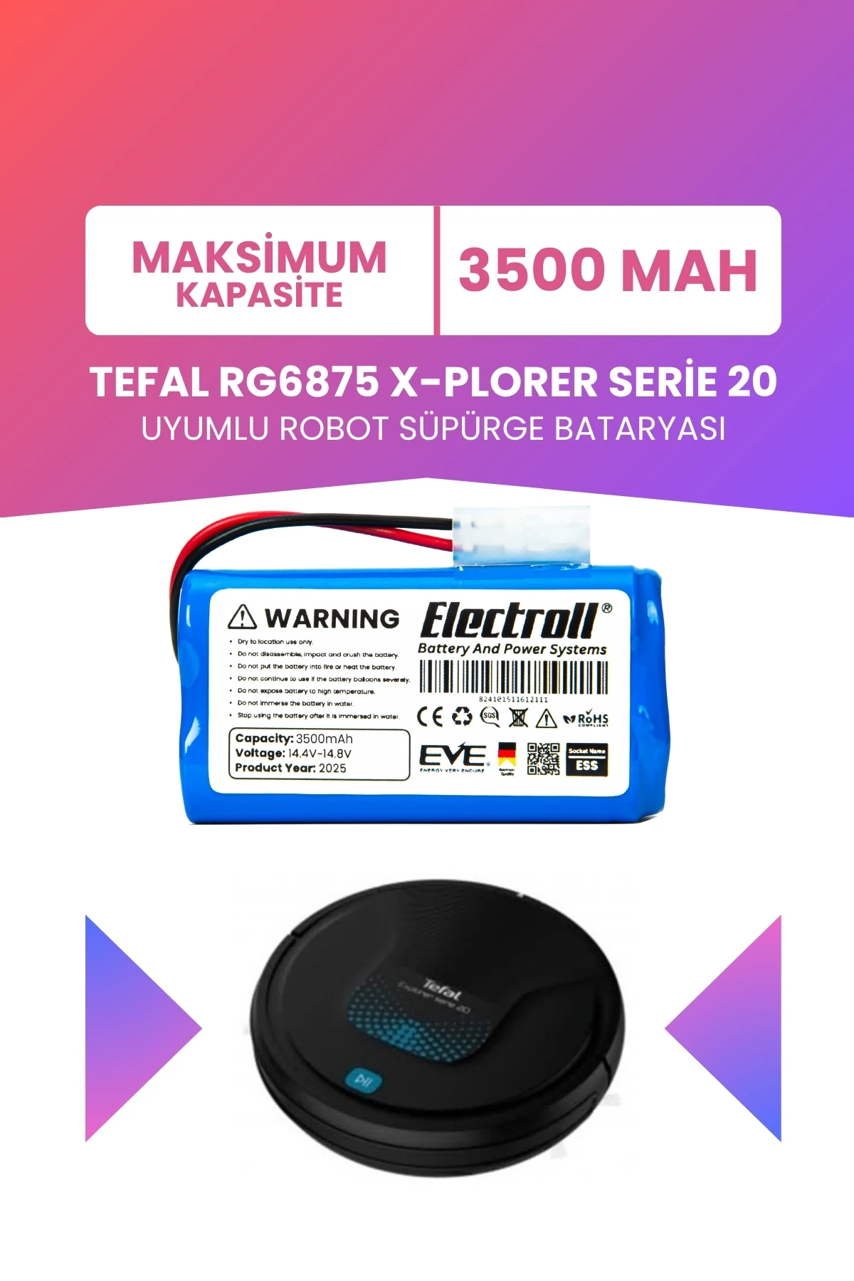 Tefal RG6875 X-Plorer Serie 20 Uyumlu Batarya (MAKSİMUM KAPASİTE) 3500mah Pil Robot Süpürge Bataryası