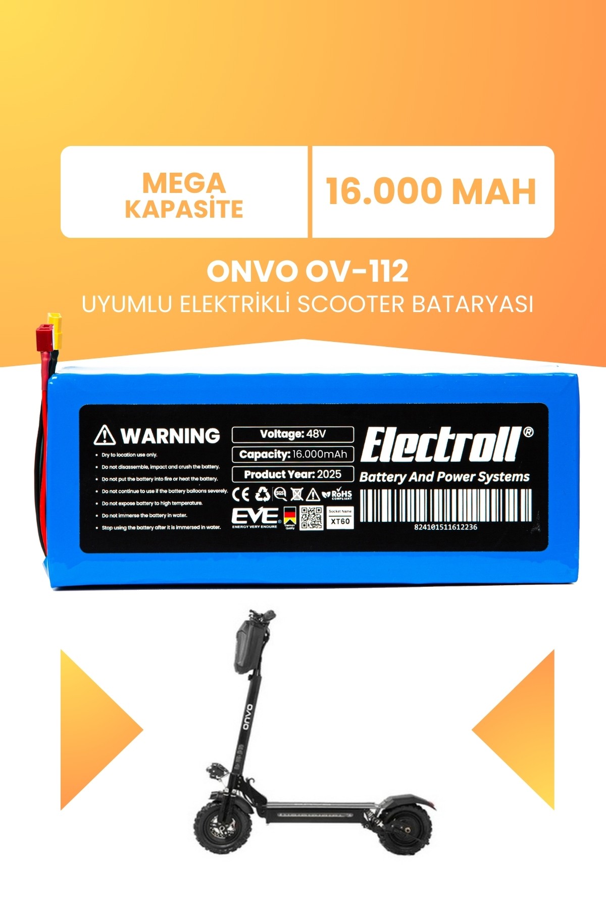ONVO OV-112 (Mega Kapasite) Batarya 48v 16ah Pil Elektrikli Scooter Bataryası