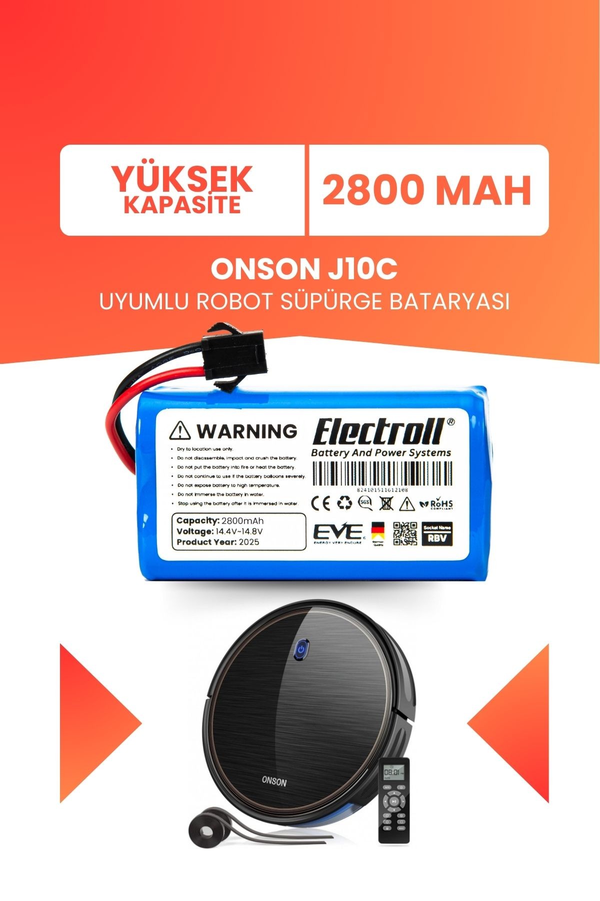 Onson J10C Uyumlu Batarya (Yüksek Kapasite) 2800MAH Pil Robot Süpürge Bataryası