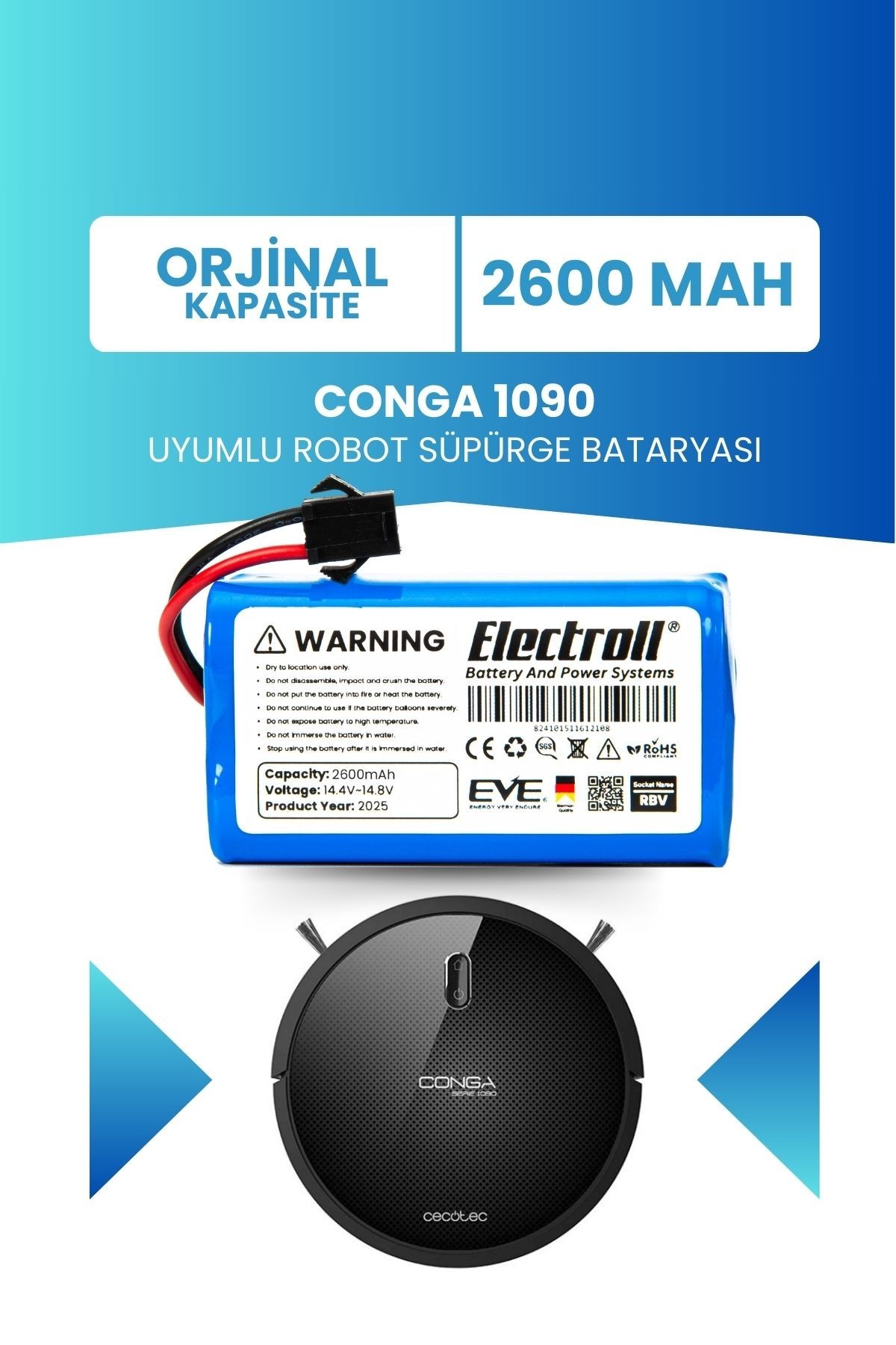Conga 1090 Uyumlu Batarya (ORJİNAL KAPASİTE) 2600mah Pil Akıllı Robot Süpürge Bataryası