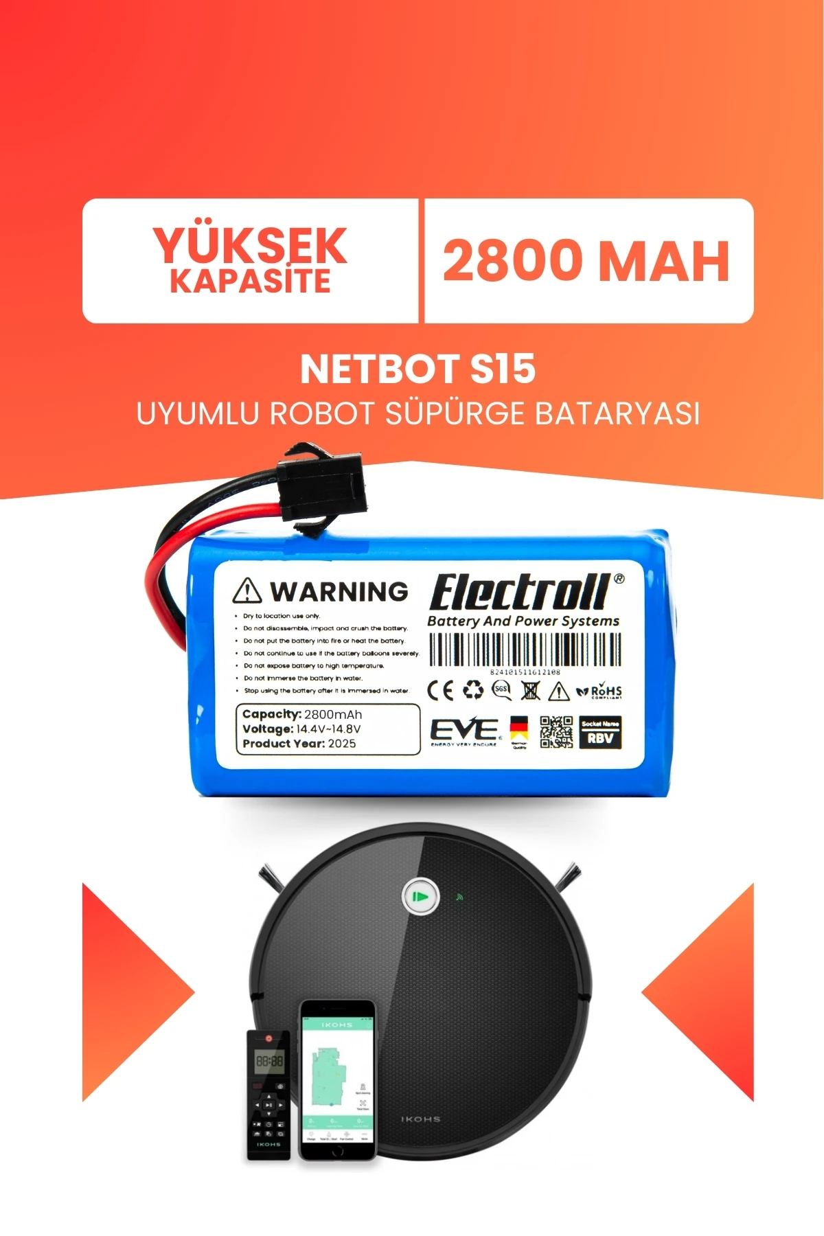 Netbot S15 Uyumlu Batarya (YÜKSEK KAPASİTE) 2800mah Pil Robot Süpürge Bataryası