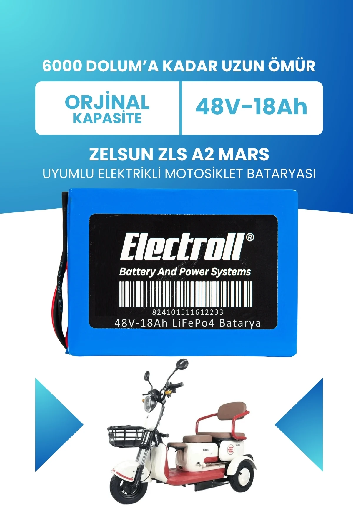 Zelsun ZLS A2 Mars LiFePO4 Batarya 48V 18Ah Uzun Ömürlü | Electroll