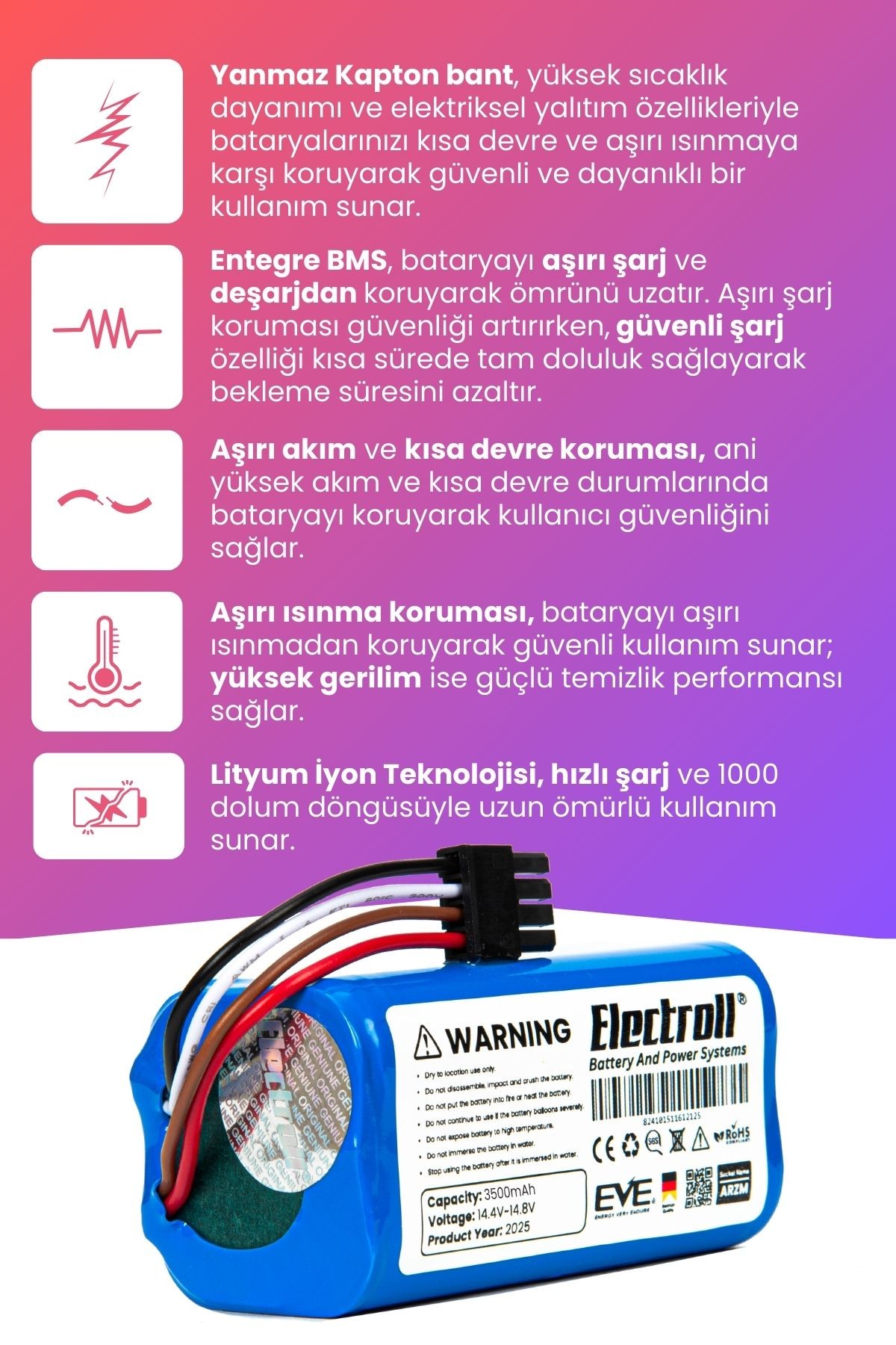Arzum Robotek X2 Ar4301 Uyumlu Batarya (ULTRA YÜKSEK KAPASİTE) 3500mah Pil Robot Süpürge Bataryası