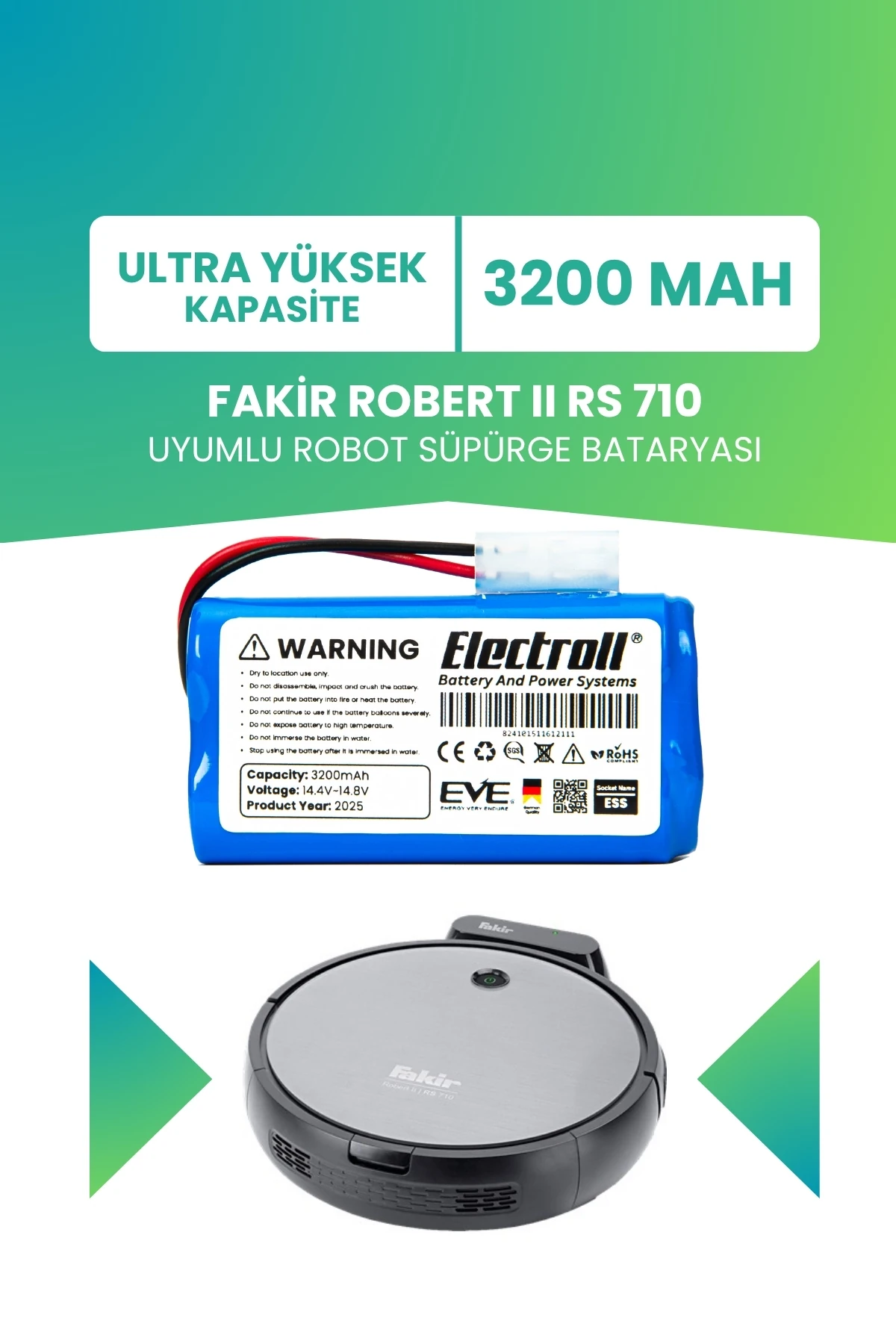 Fakir Robert Iı Rs 710 Uyumlu Batarya (ULTRA YÜKSEK KAPASİTE) 3200mah Pil Robot Süpürge Bataryası
