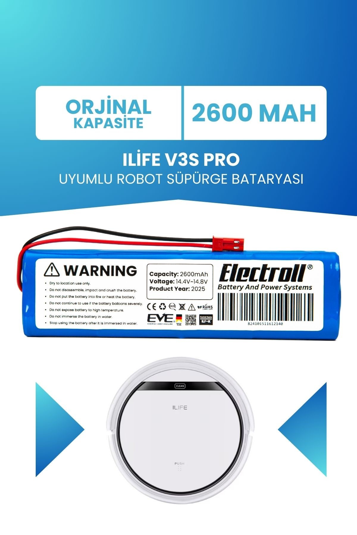 Ilife V3s Pro Uyumlu Batarya (ORJİNAL KAPASİTE) 2600mah Pil Robot Süpürge Bataryası Değişimi