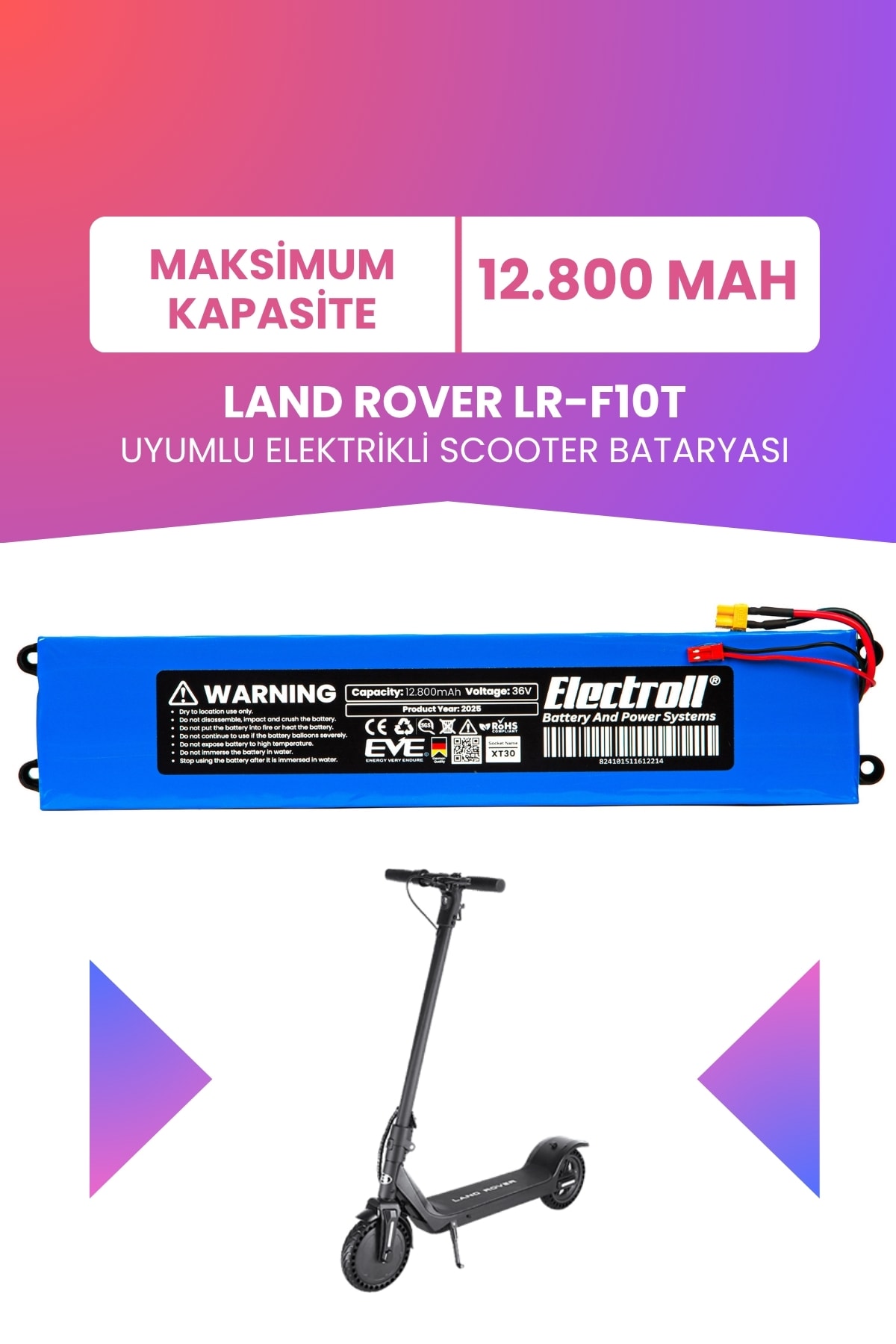 Land Rover LR-F10T Uyumlu Batarya (Maksimum Kapasite) 36v 12.800Mah Elektrikli Scooter Bataryası
