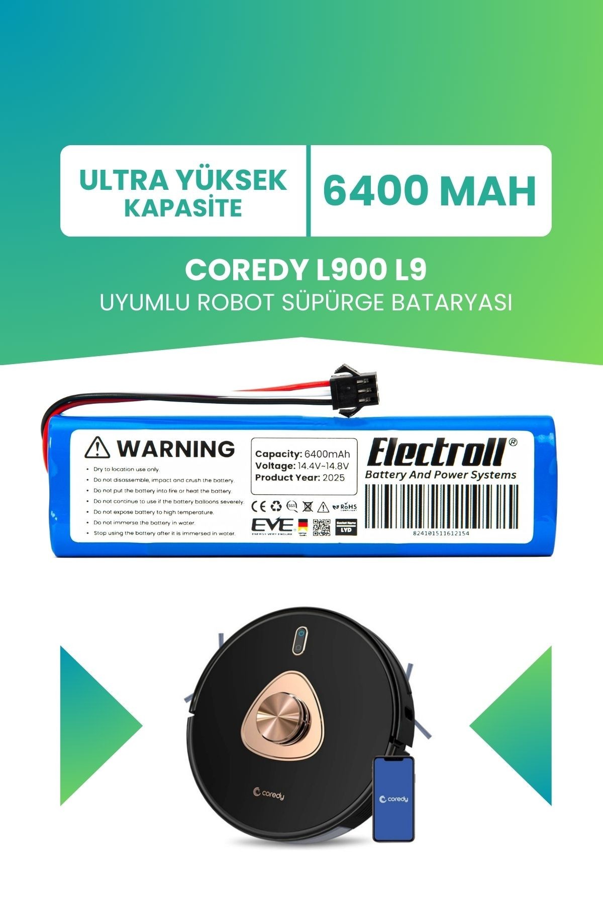 Coredy L900 L9 Uyumlu Batarya (ULTRA YÜKSEK KAPASİTE) 6400mah Pil Robot Süpürge Bataryası Değişimi