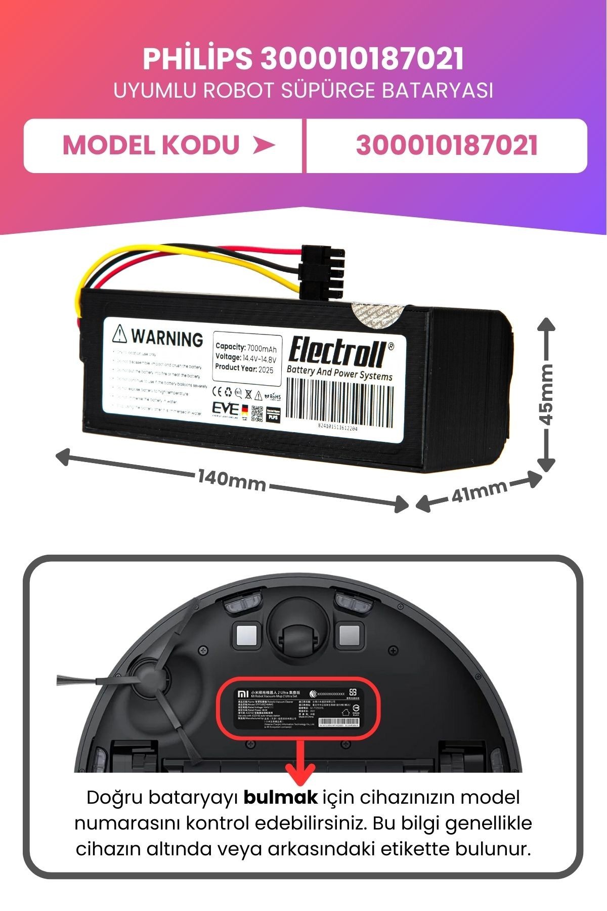 Philips 300010187021 Uyumlu Batarya (MAKSİMUM KAPASİTE) 7000mah Pil Robot Süpürge Bataryası Değişimi